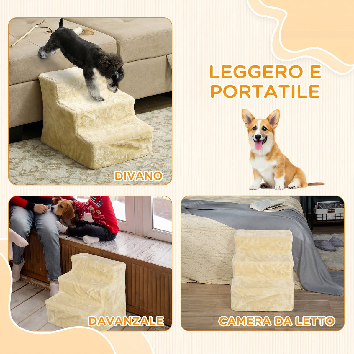 PawHut 3-Step Dog Ladder, Removable and Washable Velvet Step for Dogs and Cats, 4.5 kg, Beige