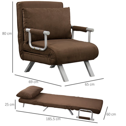 Modern 2-in-1 Armchair Bed with 5-Position Reclining Backrest and Cushion, 65x69x80cm, Brown