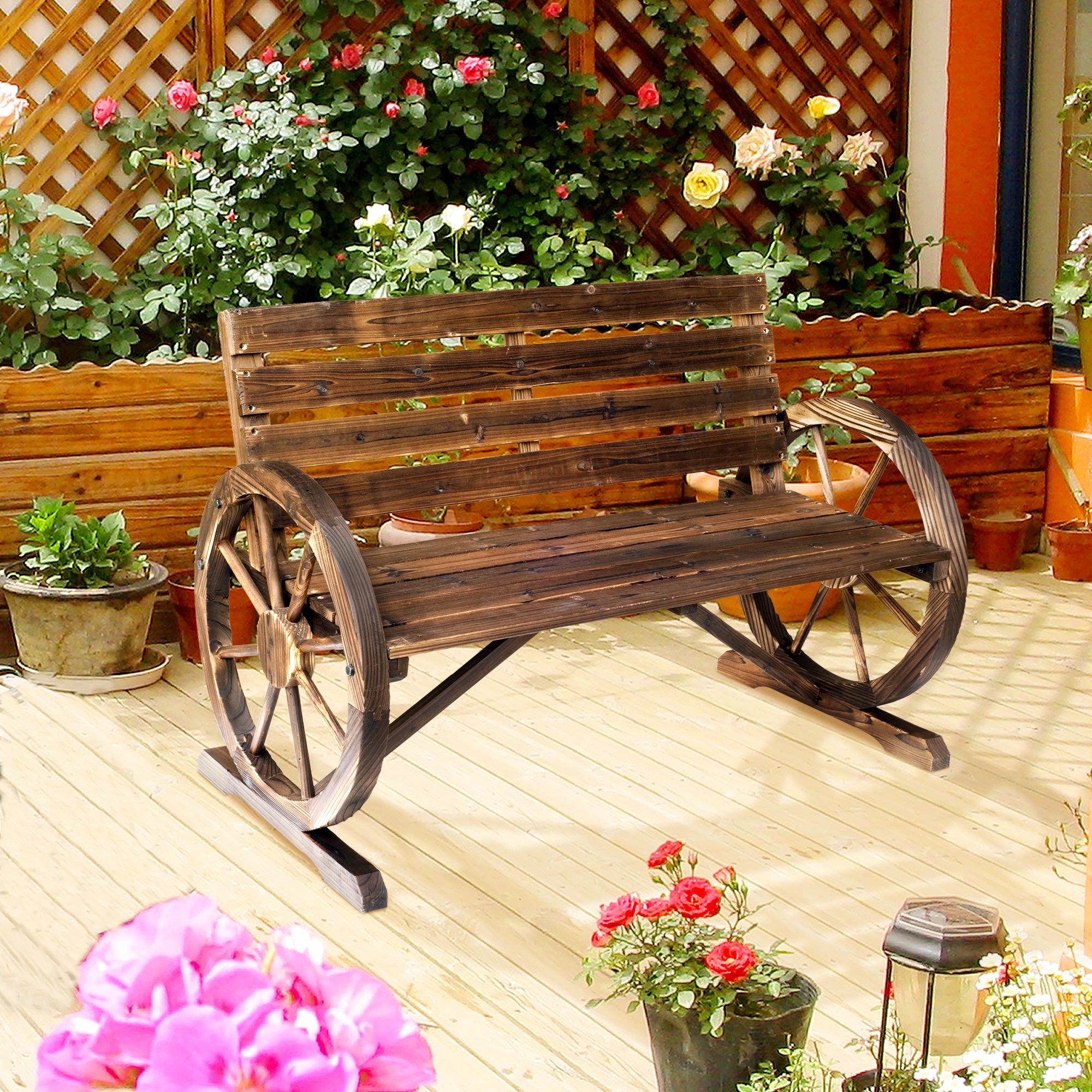 2-Seater Outdoor Bench, Country Style Garden Bench with Wooden Wheel Armrests, 105.5x59x75cm Brown