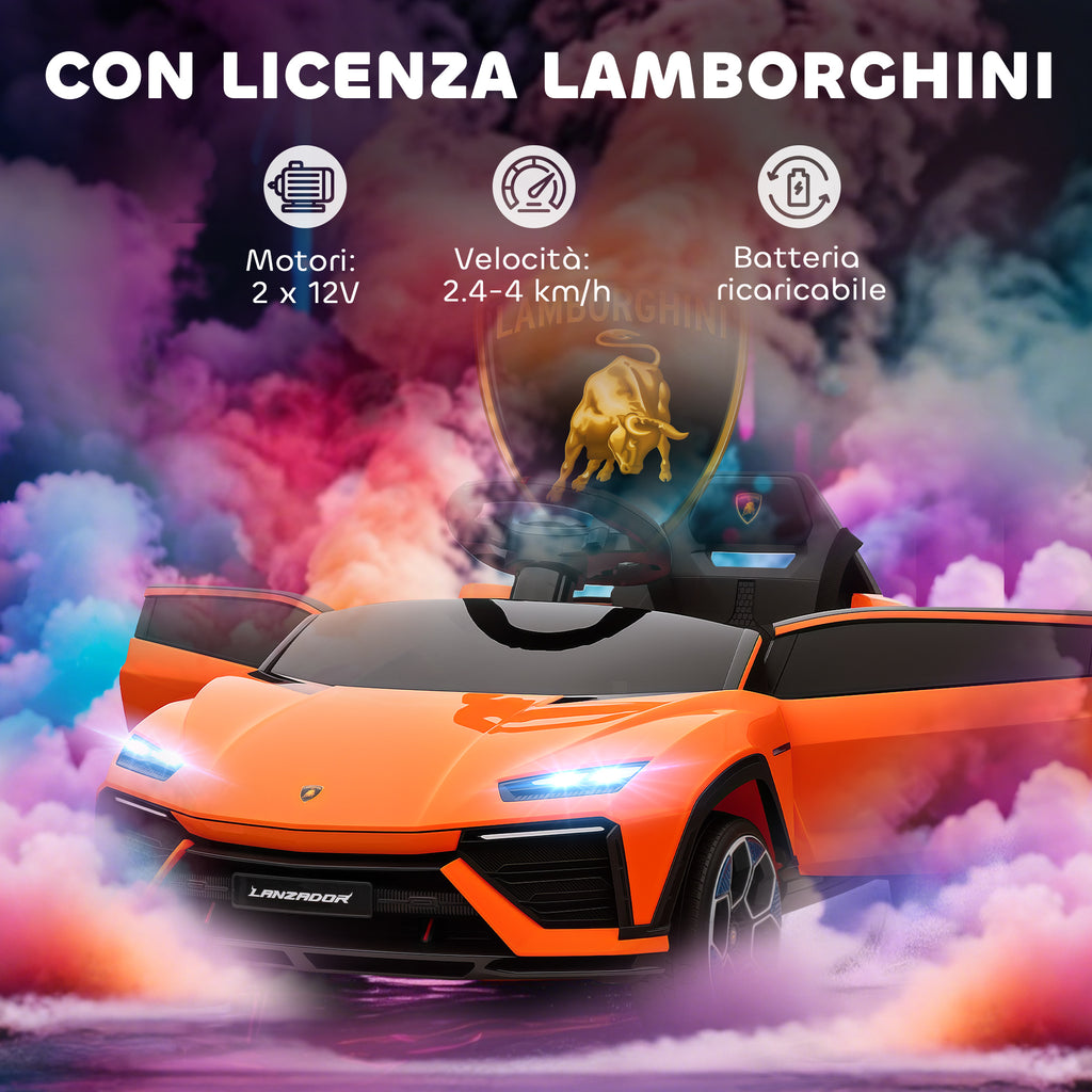 Electric Ride-On Car for Kids with Horn and Remote Control, MP3 Player, USB/AUX, LED Lights, Lamborghini License, Orange