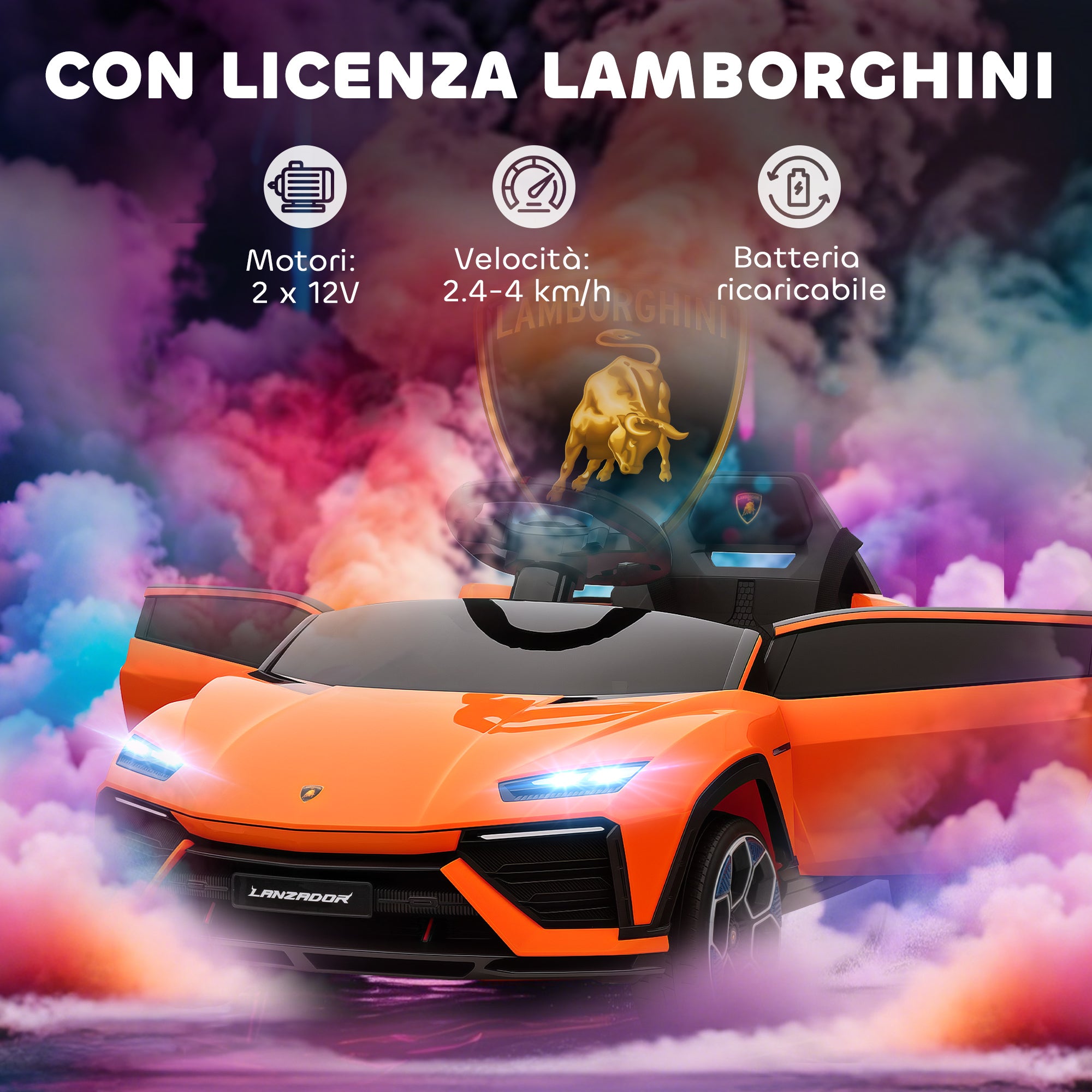 Electric Ride-On Car for Kids with Horn and Remote Control, MP3 Player, USB/AUX, LED Lights, Lamborghini License, Orange