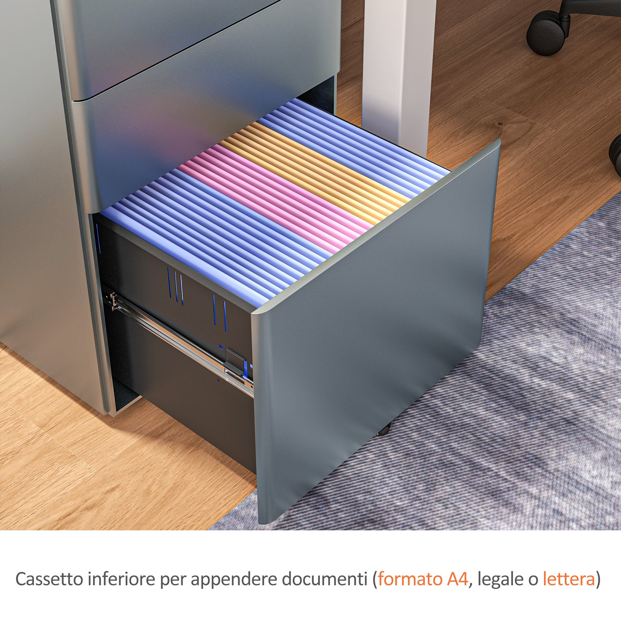 Office Drawer Unit 3 Steel Drawers with Lock and Wheels, 39x48x59cm, Grey