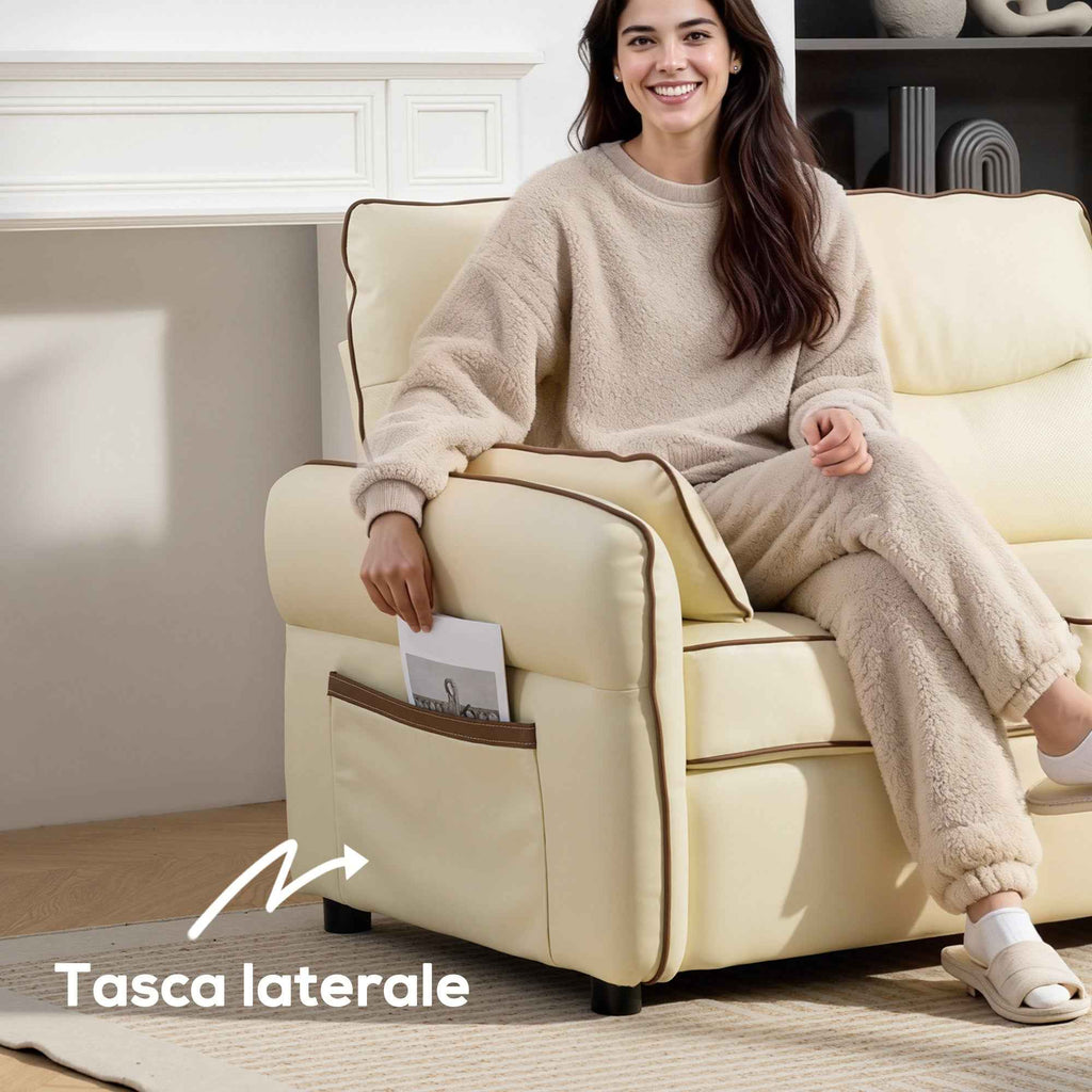 HOMCOM 2-Seater Faux Leather Sofa with Thick Padding, Side Pocket and 2 Cushions, 136x81x90 cm, Beige
