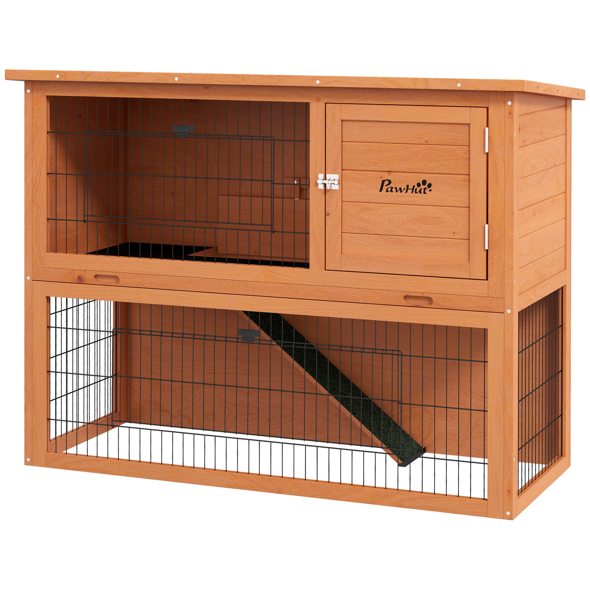 PawHut Wooden Rabbit Hutch, Guinea Pig Cage, with Removable Tray, Wheels - Brown - Borgè