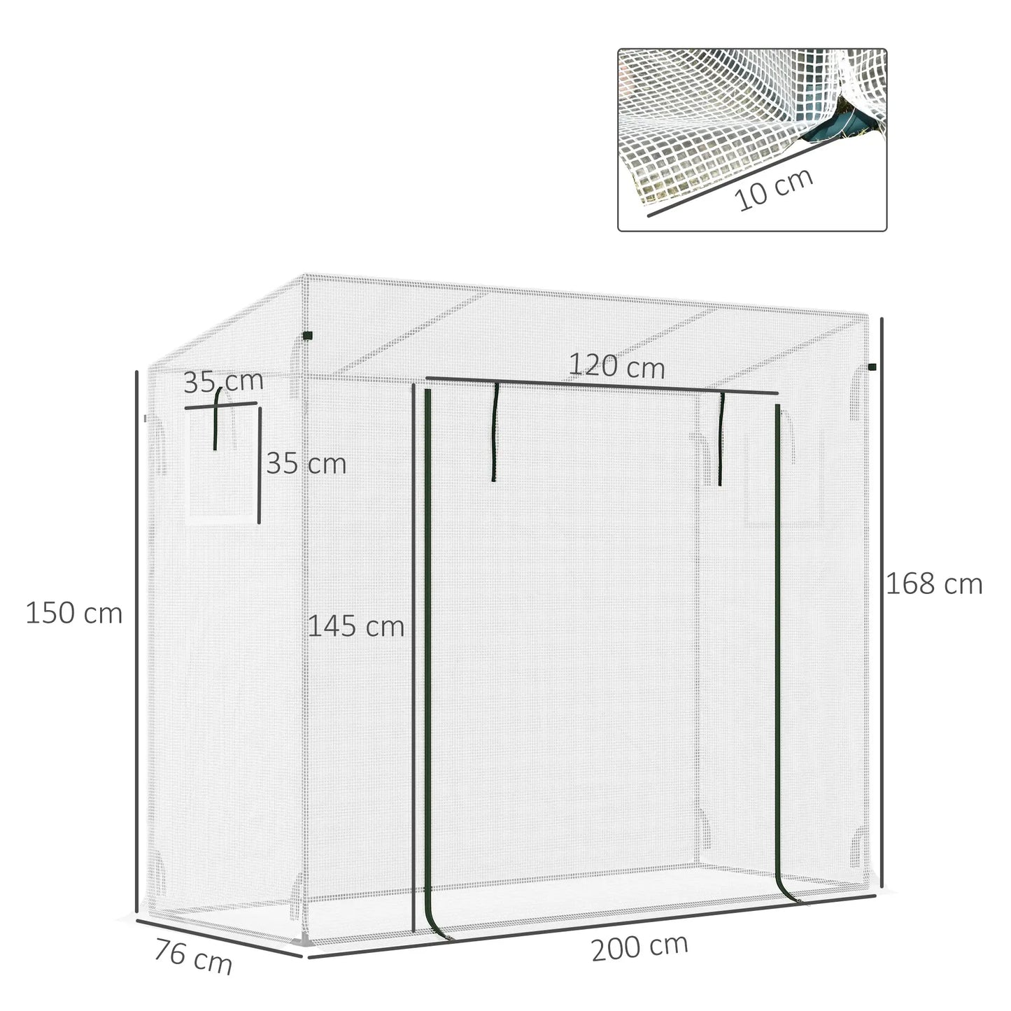 Garden Greenhouse with Roll-Up Door and Extended Edges, in Steel and PE, 200x76x168 cm, White