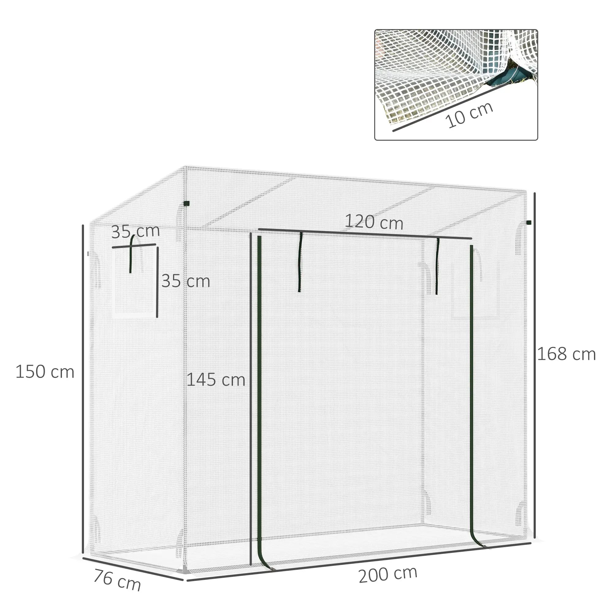 Garden Greenhouse with Roll-Up Door and Extended Edges, in Steel and PE, 200x76x168 cm, White