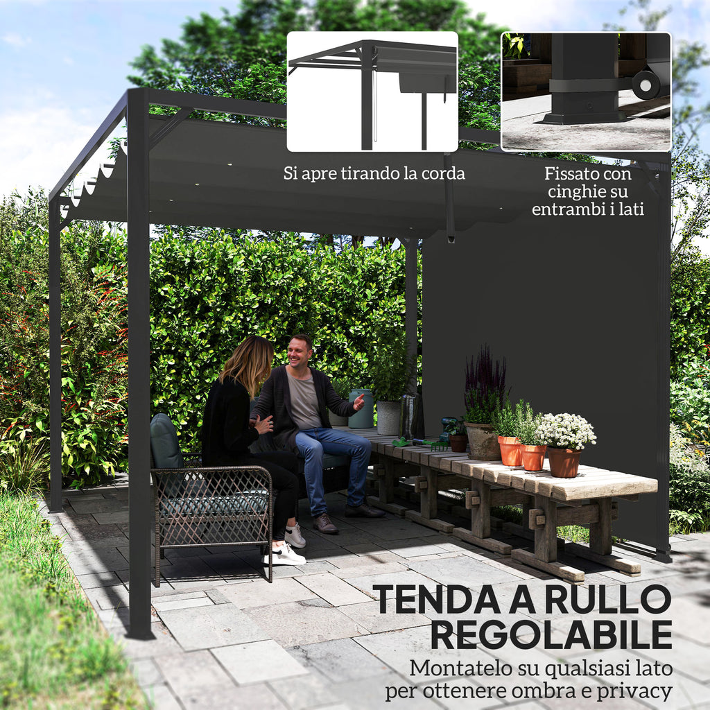 Gazebo Pergola Retractable 3x3 m with Roller Blind and Drainage Holes, in Steel and Polyester Dark Grey
