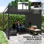 Gazebo Pergola Retractable 3x3 m with Roller Blind and Drainage Holes, in Steel and Polyester Dark Grey