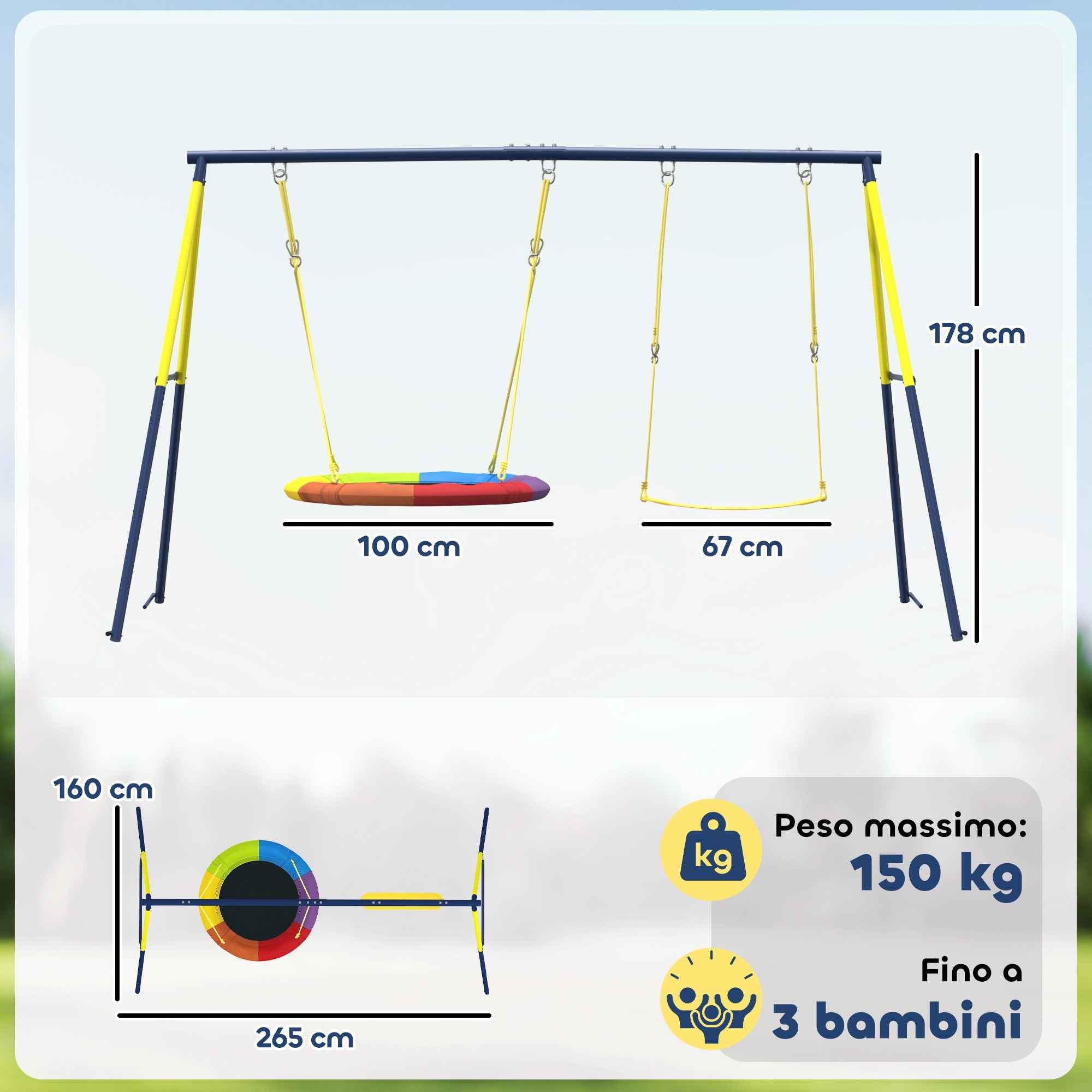 Adjustable Children's Nest Swing and Garden Swing Set, Metal, 265x160x178 cm, Multicolor