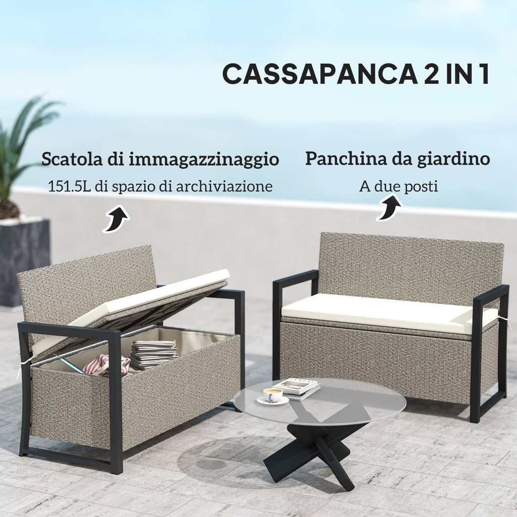2 Seater Garden Bench with 151.5L Rattan Storage Chest with Backrest, Armrests and Cushion, Cream