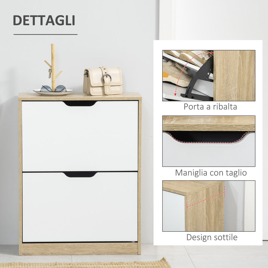 Space Saving Slim 2 Drawer Shoe Cabinet for 8 Pairs of Shoes 62.5x26x81 cm, Wood and White