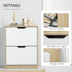 Space Saving Slim 2 Drawer Shoe Cabinet for 8 Pairs of Shoes 62.5x26x81 cm, Wood and White