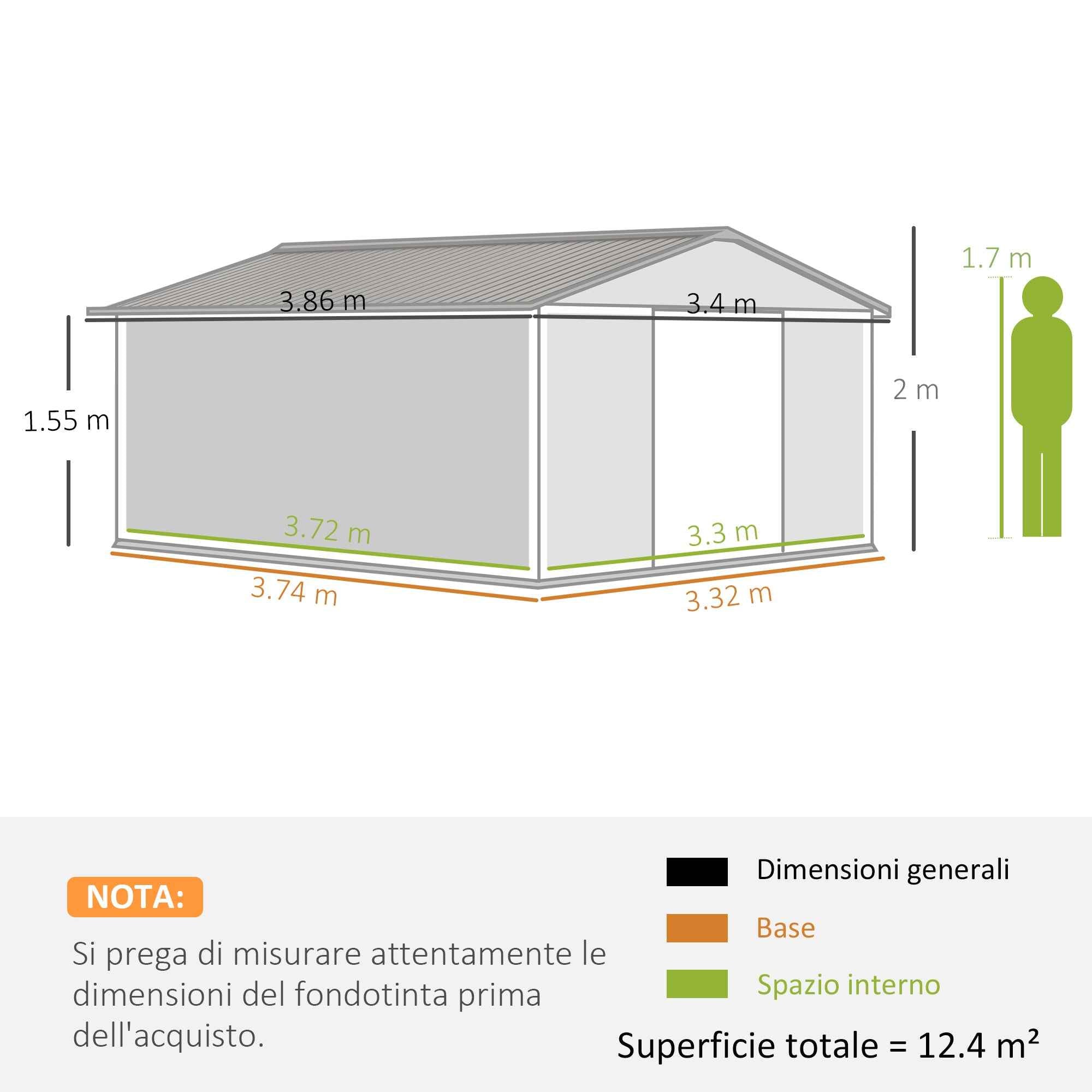 Outsunny 3.4x3.8x2 m Steel Garden Shed with Double Sliding Door and Pitched Roof, Silver