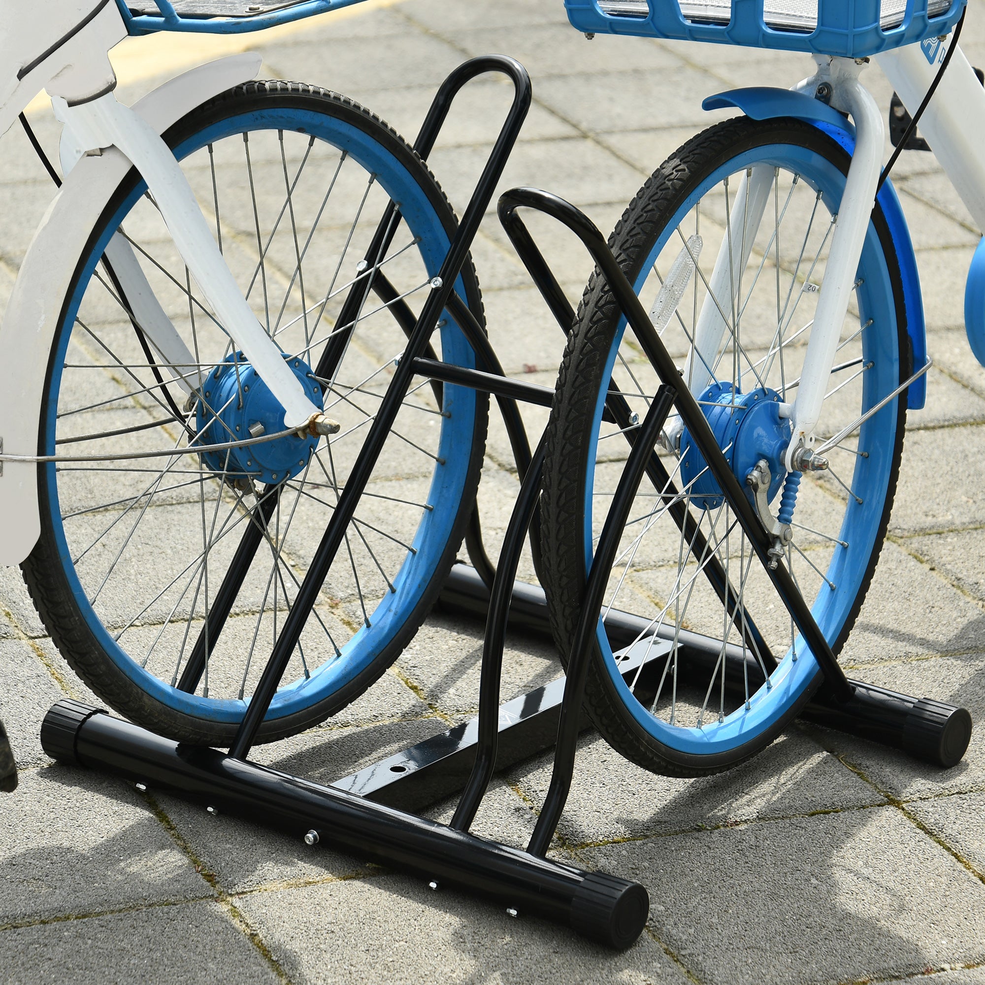 Floor-Standing Bike Rack for 2 Bikes with Tires up to 6.5 cm, Black Steel Swivel Frame, 60x54x57cm