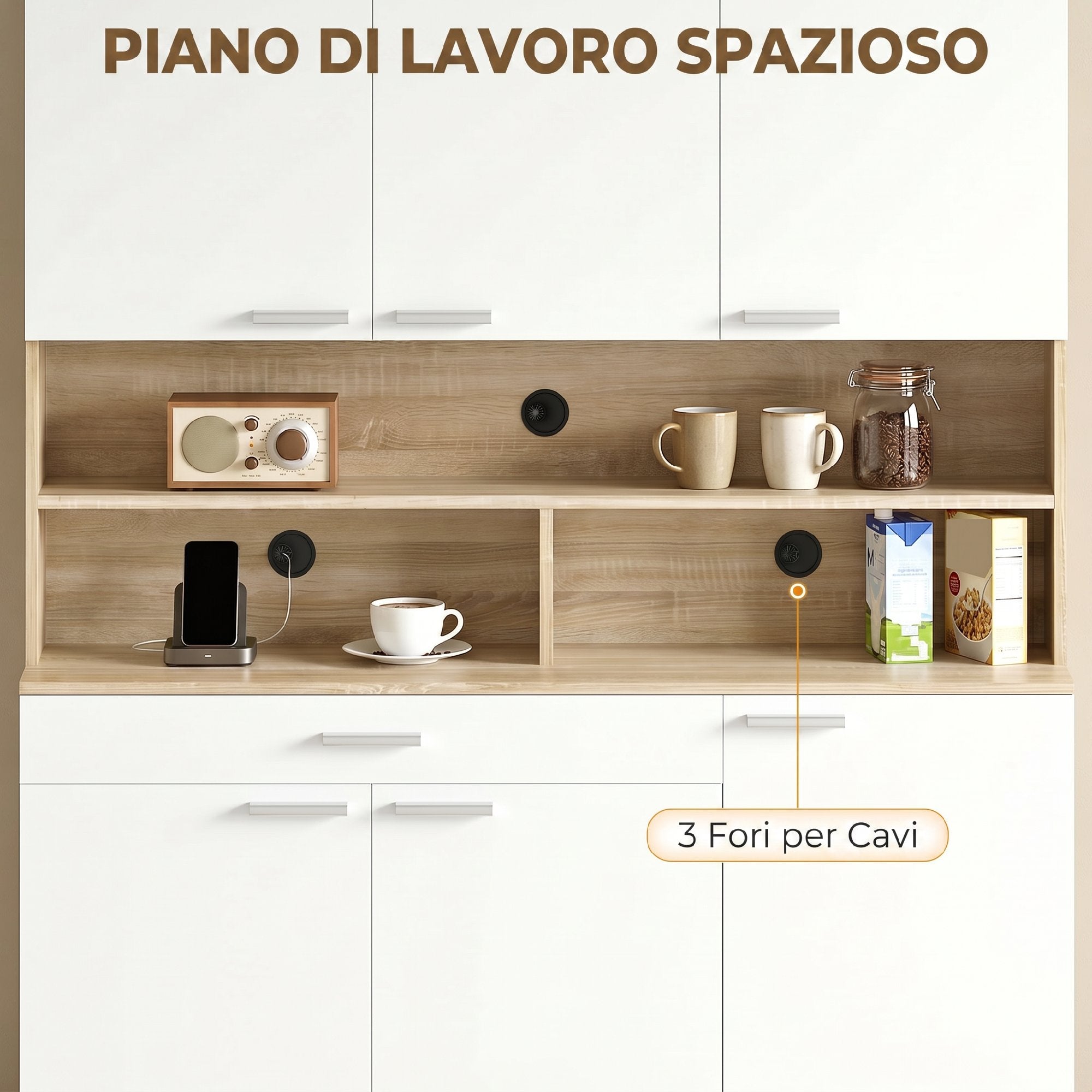 HOMCOM Kitchen Sideboard with Open Shelves, 4 Cabinets and Drawer, in Wood and Metal, 120x40x175 cm, White and Wood