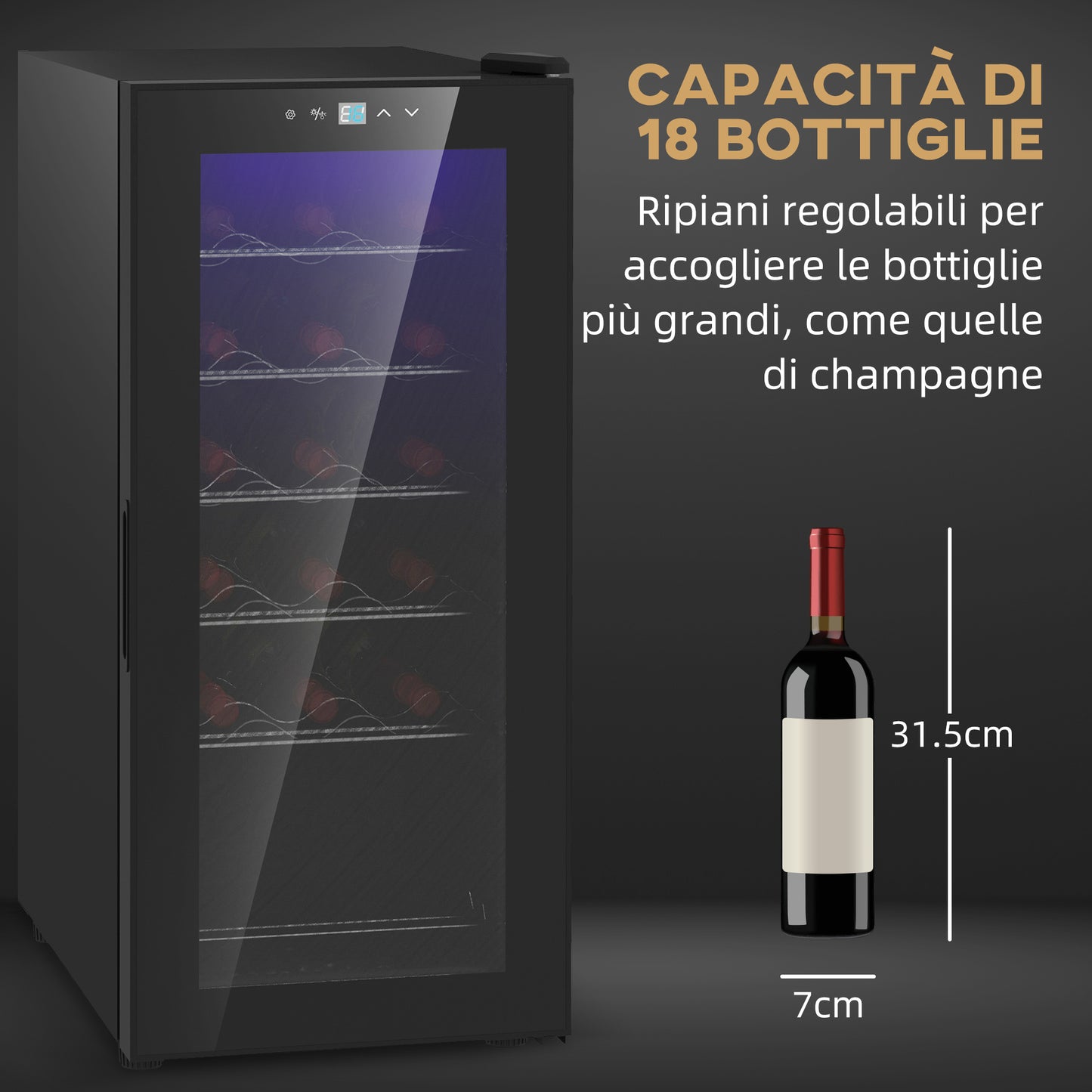 18 Bottle Wine Cooler with Digital Display, LED Light and Temperature Control, Black