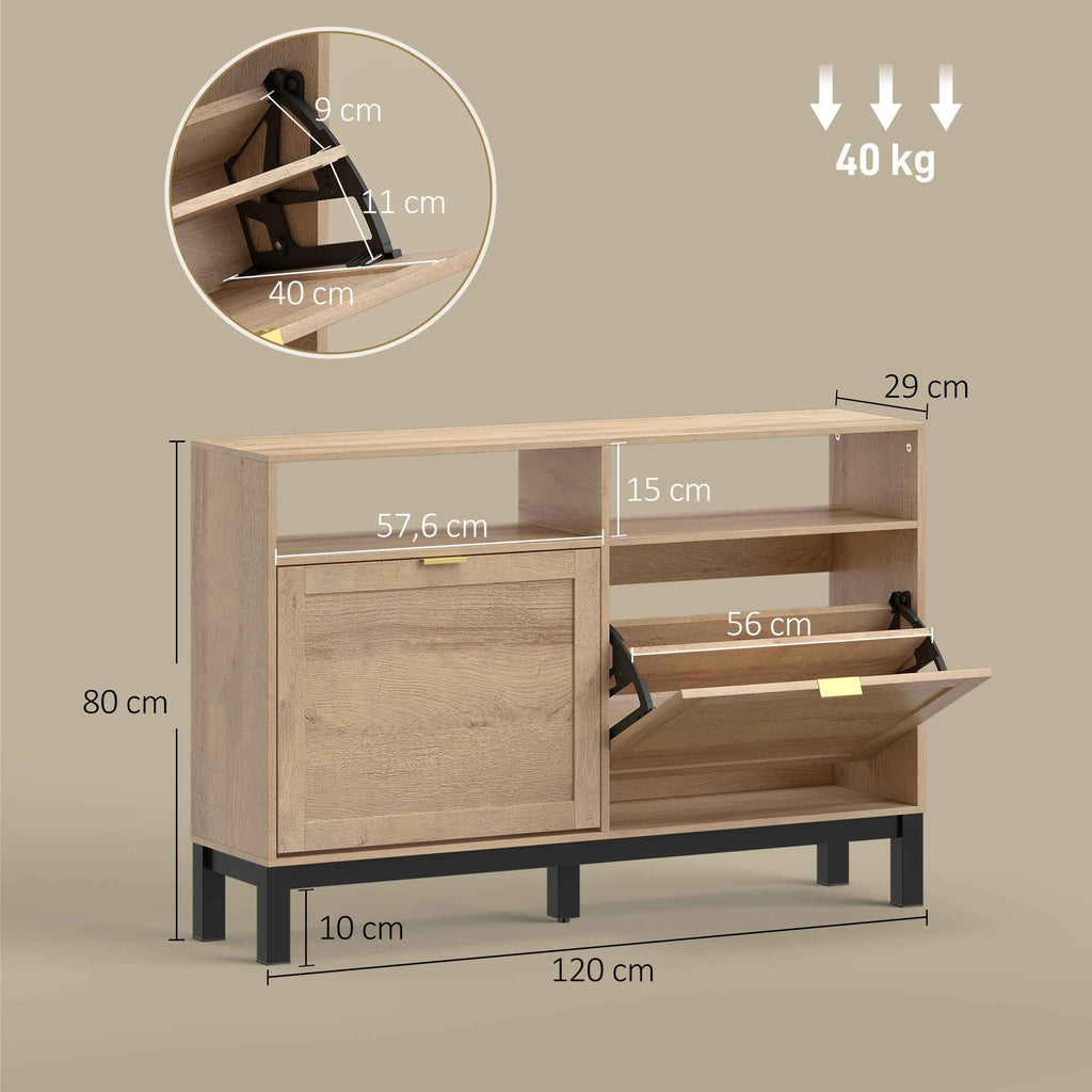 HOMCOM Space-Saving Slim Shoe Rack with 2 Flap Doors and Adjustable Removable Shelves for 8 Pairs, Walnut Color