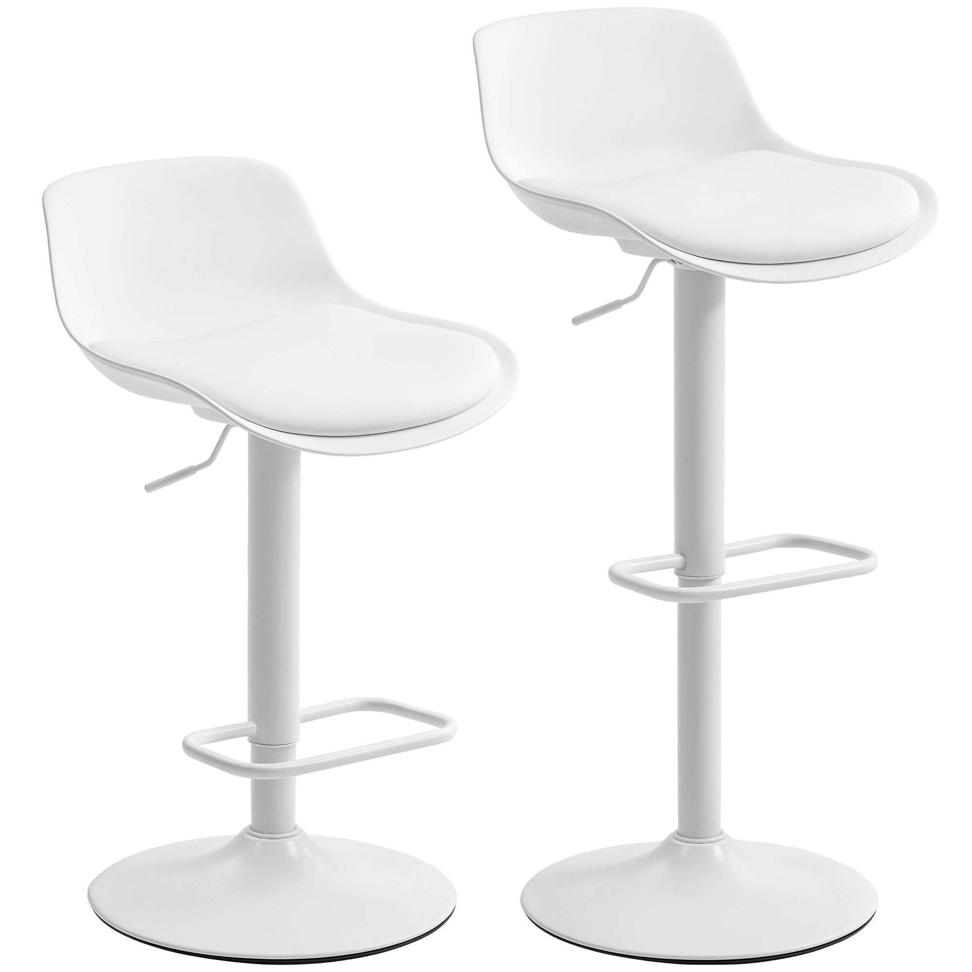 Set of 2 Bar Stools with Backrest, Adjustable Height, Swivel PU Leather Seat and Footrest, White