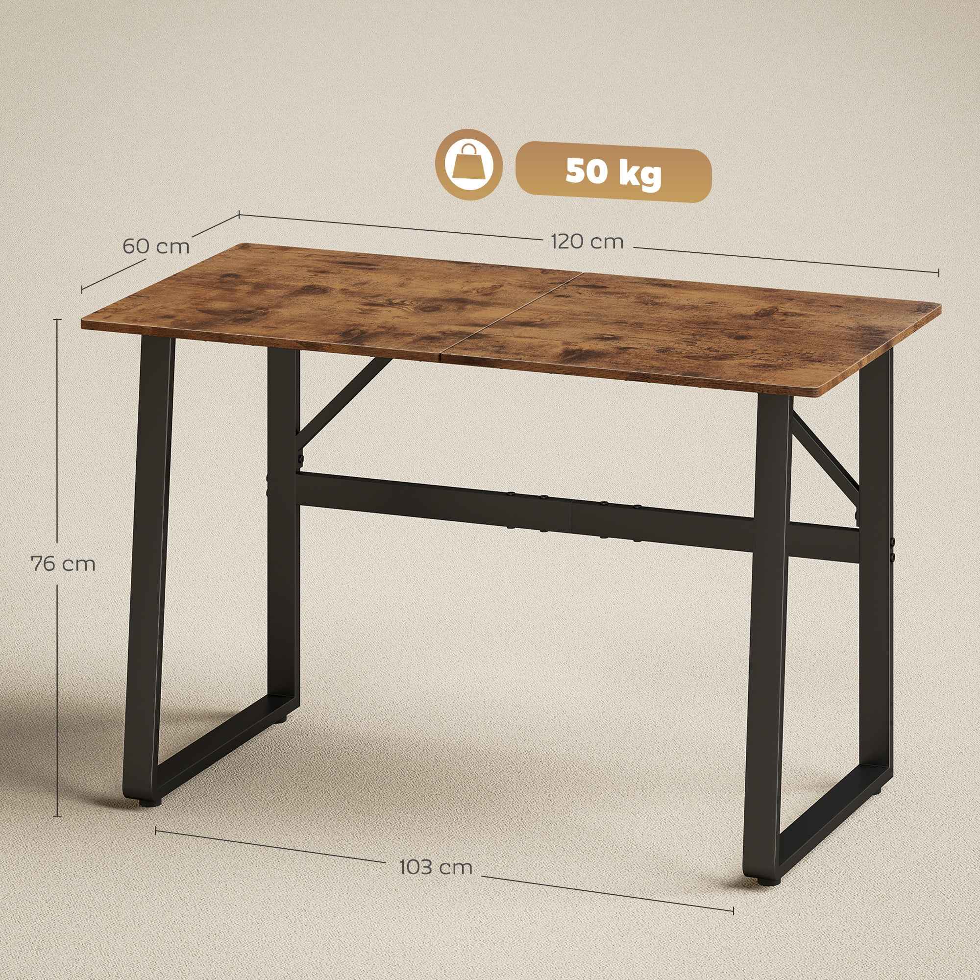 HOMCOM Industrial Style Bedroom Desk with Rounded Corners, Wood and Steel, 120x60x76 cm, Black and Brown