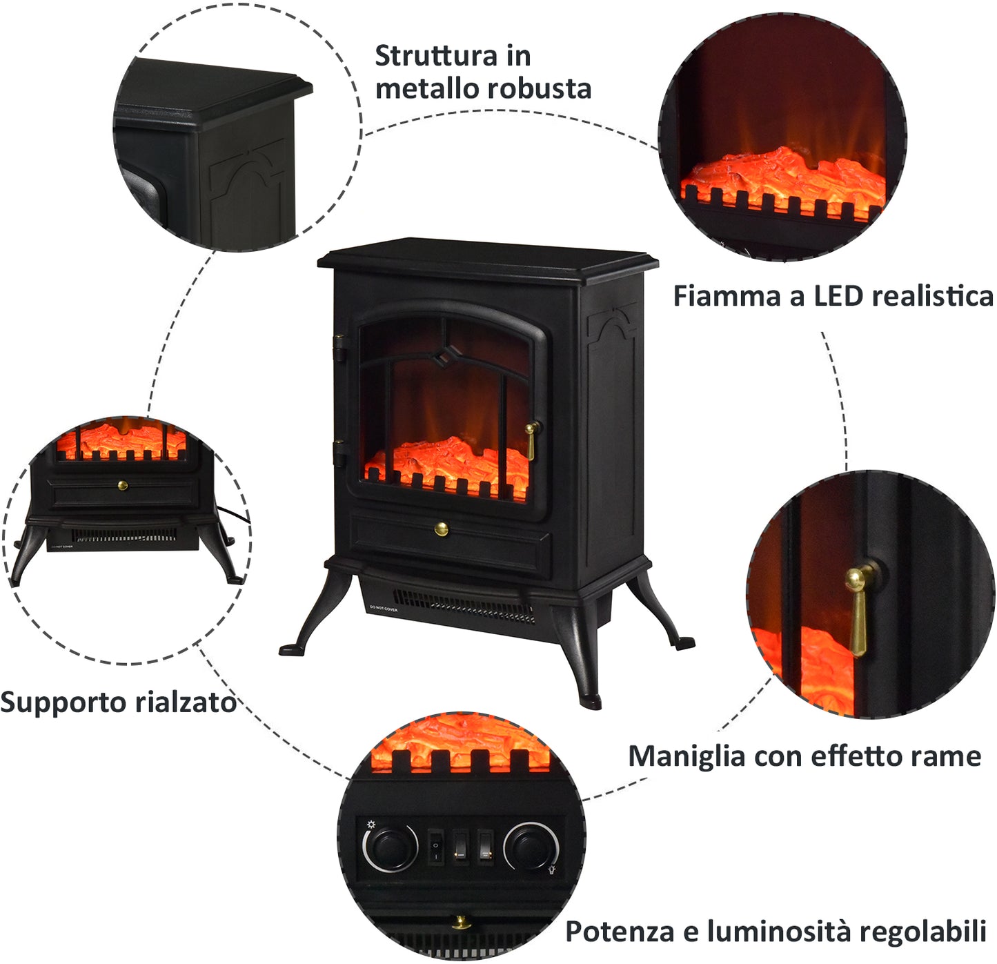 Electric Fireplace Floor Standing with Flame Effect Power 1000W /2000W in ABS and Glass 45×28×54cm Black