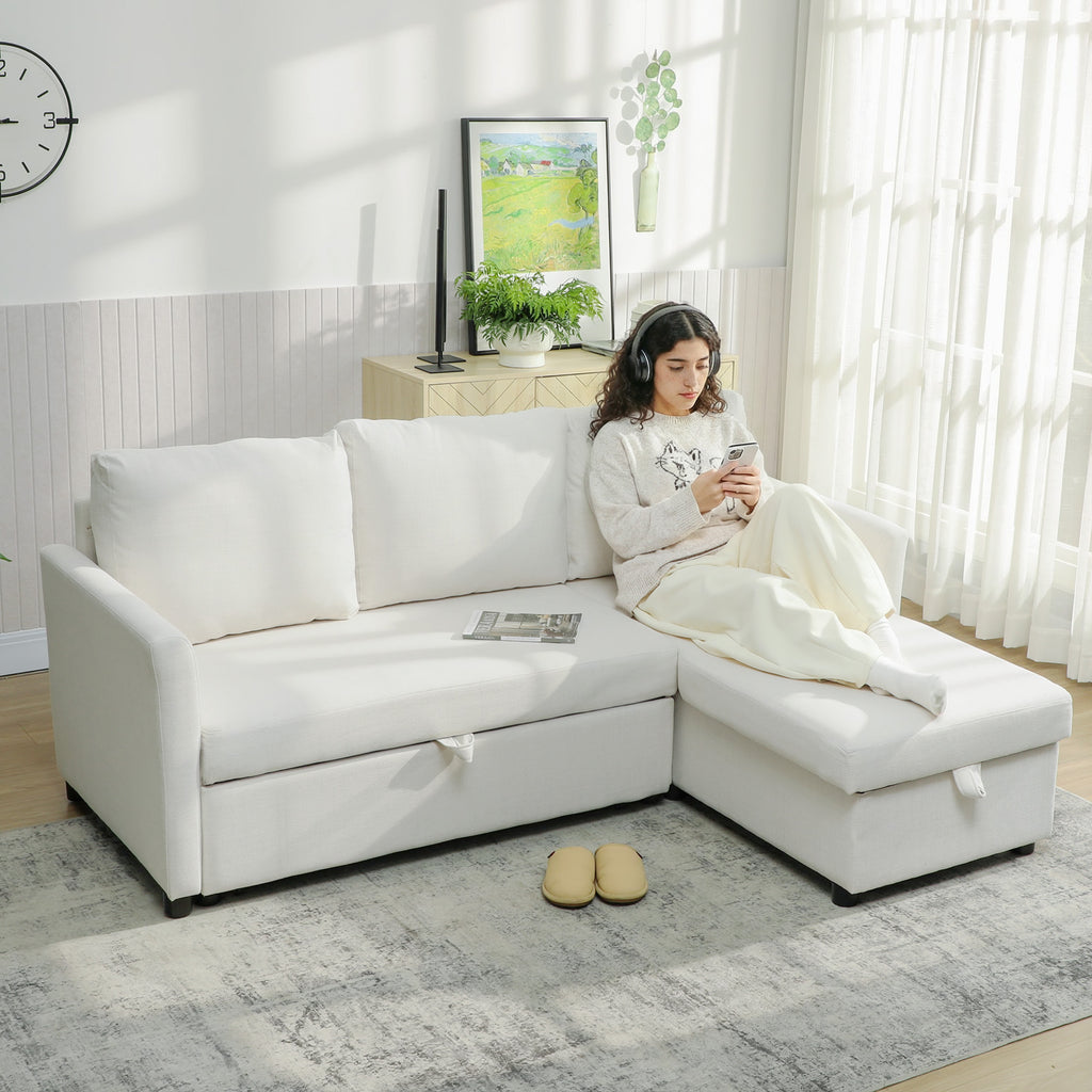 Linen-Effect Corner Sofa Bed with Retractable Storage Compartment, 192x148x86 cm, Cream White