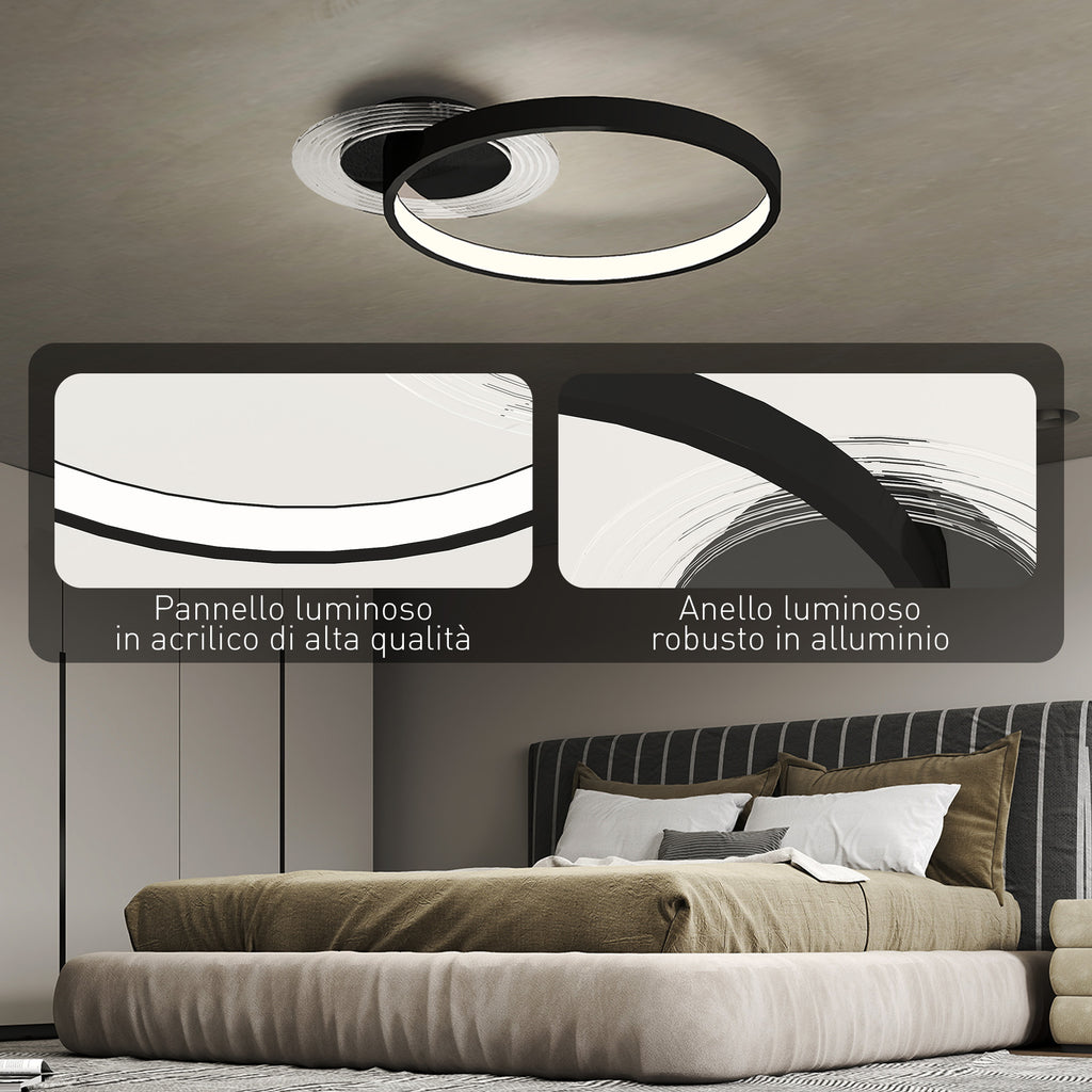 Modern 2-Ring LED Ceiling Light with Adjustable Brightness, 30W Power, Black