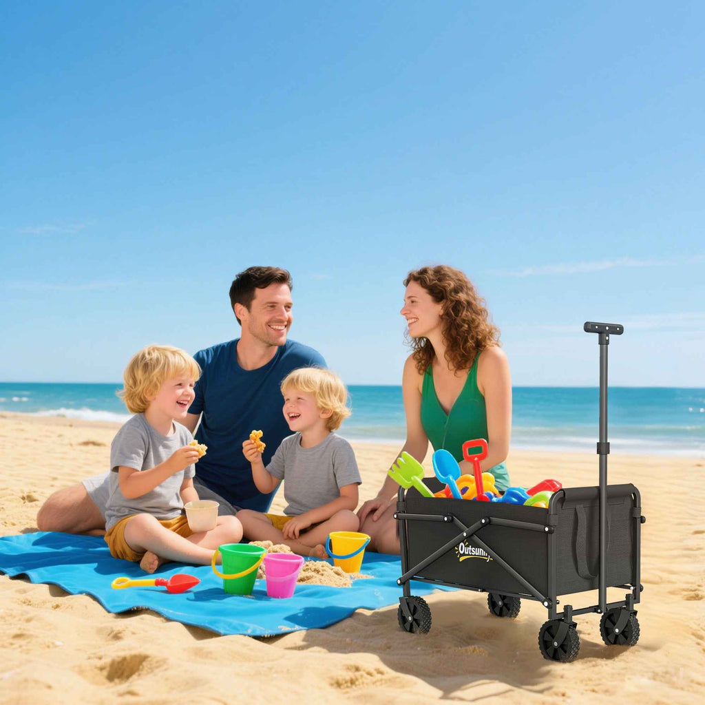 Outsunny 41L Folding Garden Cart with 4 Wheels, Metal and Oxford Fabric Camping Cart with Carry Bag and Adjustable Swivel Handle, Black