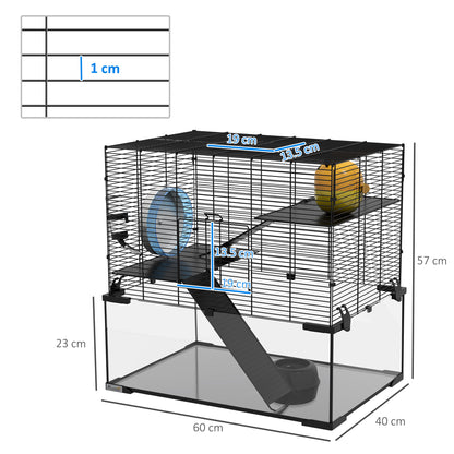 3-Tier Hamster Cage with Wheel, Ramps and Removable Bottom, 60x40x57cm, Black