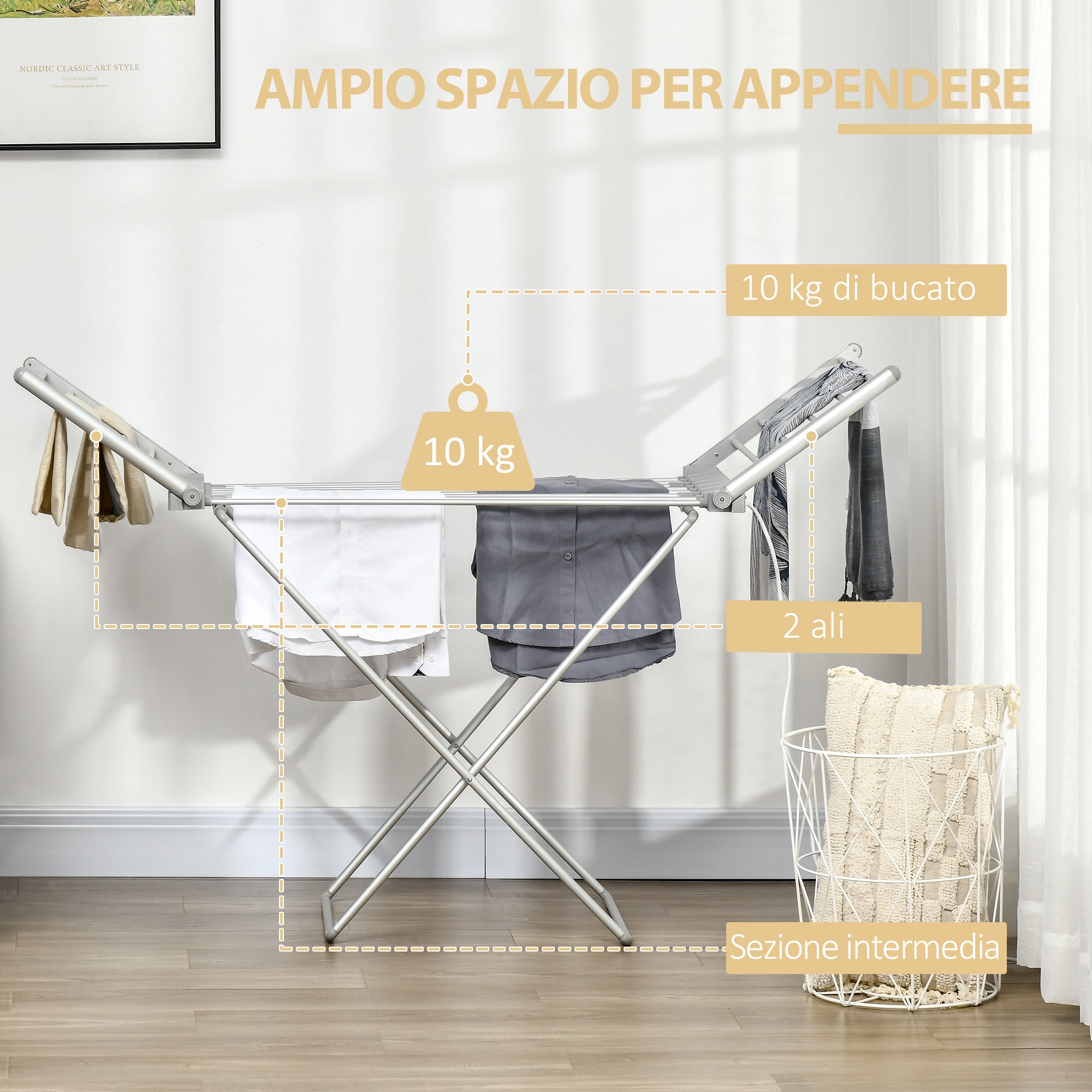 Electric Heated Drying Rack with Wings, Foldable, Space-Saving, Aluminum Alloy, 144 x 53 x 91 cm, Silver