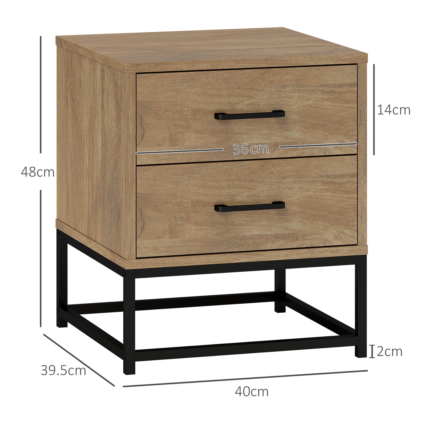 Set of 2 Industrial Style Wooden and Steel Bedside Tables with 2 Drawers, Wood Colour