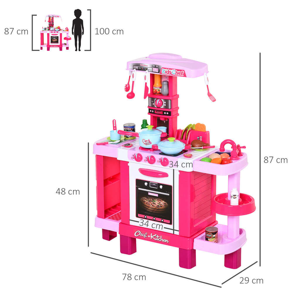 Homcom Kitchen for children with 38 accessories included, game with realistic lights and sounds, 78x29x87cm, pink - Borgè