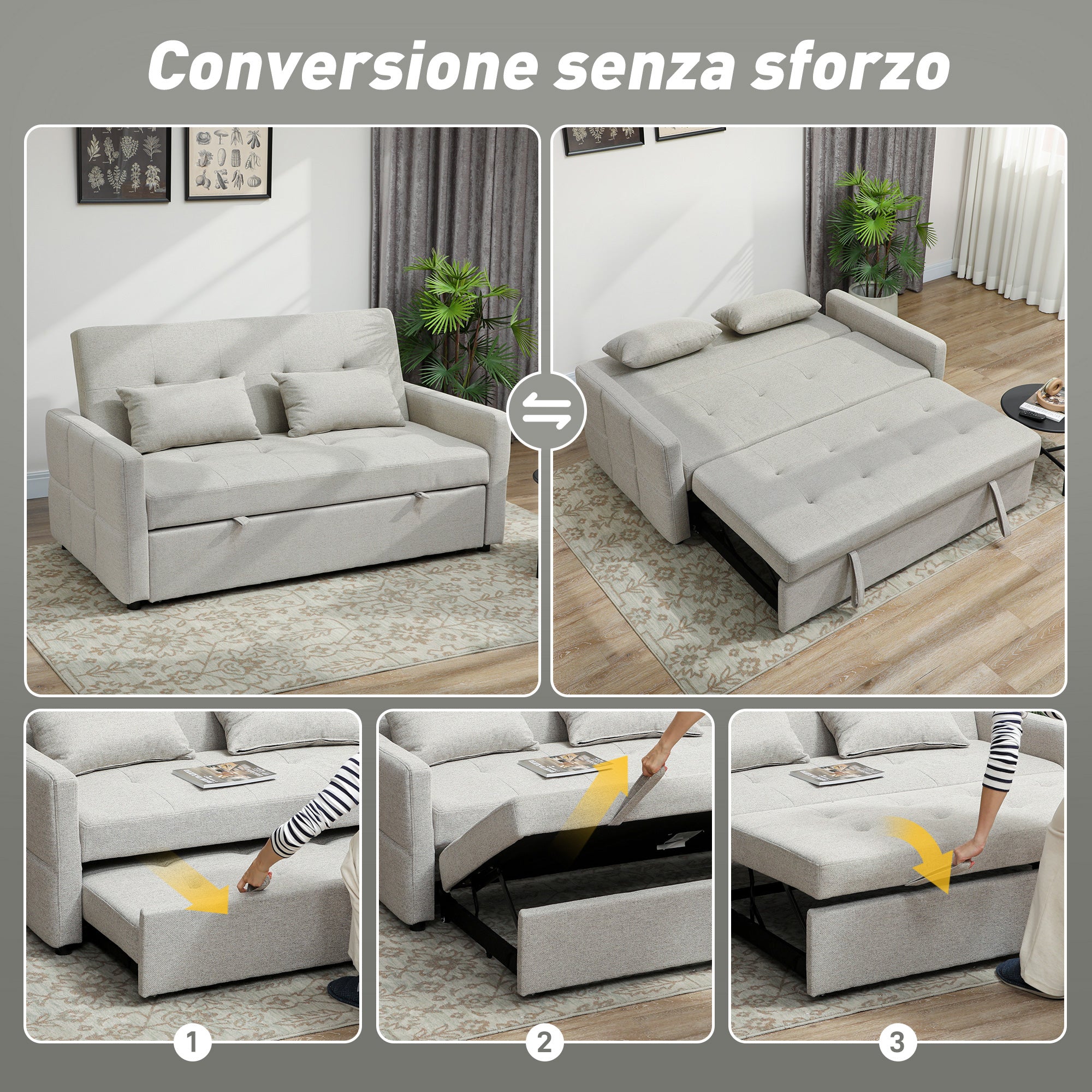 2-Seater Sofa Bed with 2 Fabric Cushions, Light Brown