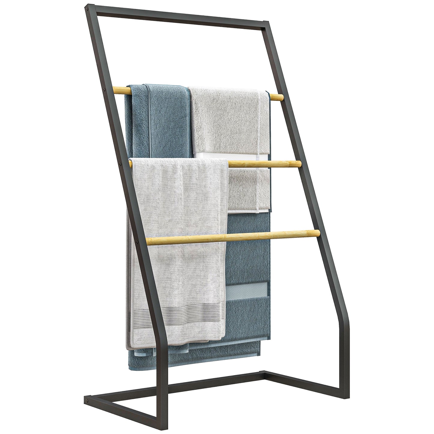 4-Bar Towel Rack in Steel and Bamboo, 60x35x102 cm, Black and Wood Color