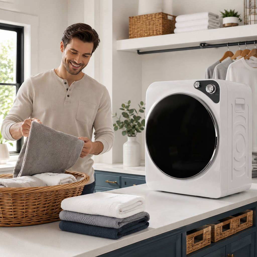 HOMCOM 1000W Portable Dryer with 5 Programs and Timer, in PCM and Stainless Steel, 49x43x61 cm, White