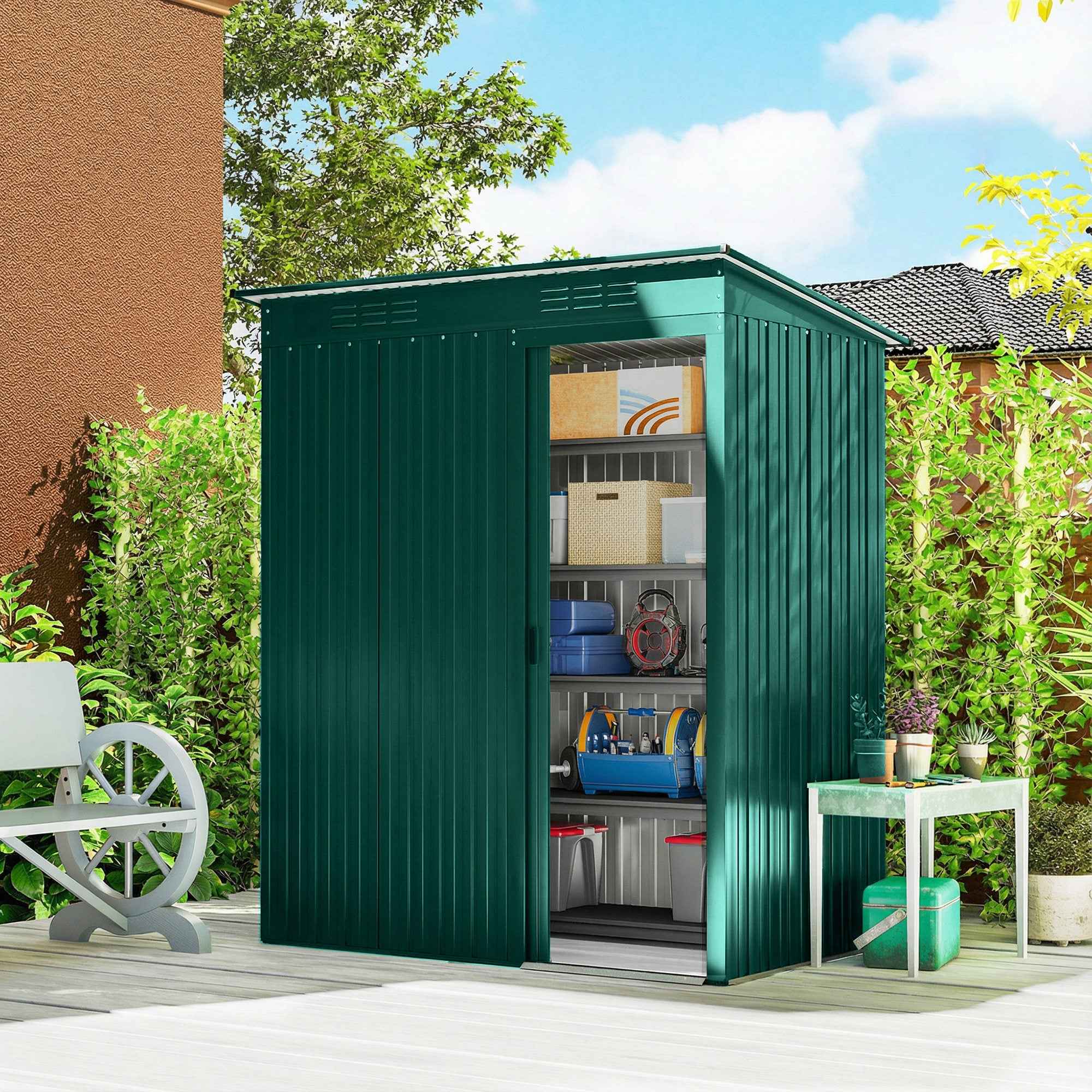 Outsunny Metal Garden Shed with Vents and Sliding Door, 159x106x181 cm, Green