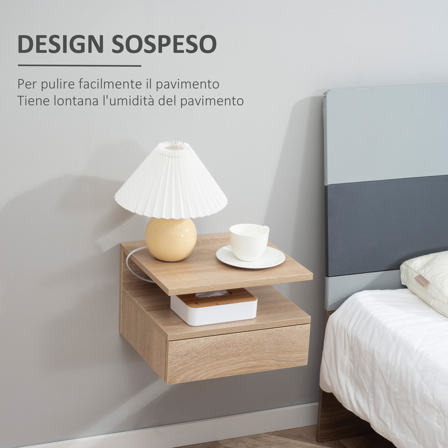 Set of 2 Modern Suspended Bedside Tables for the Bedroom with Drawer and Top Shelf in Wood 35x32x22.5cm, Oak