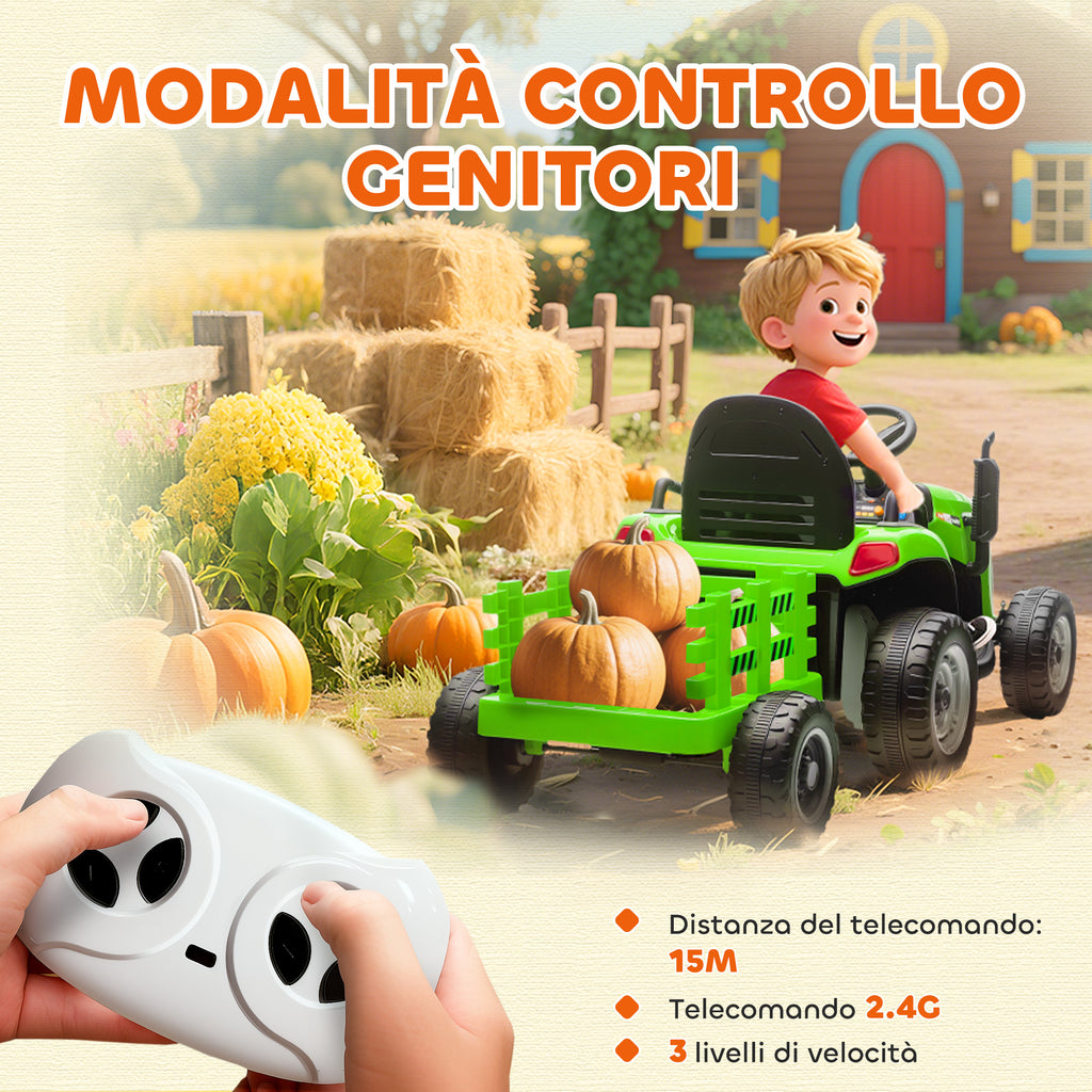 Electric Tractor for Children with Detachable Trailer and Remote Control, Made of Plastic and Metal, 139x58x55 cm, Green