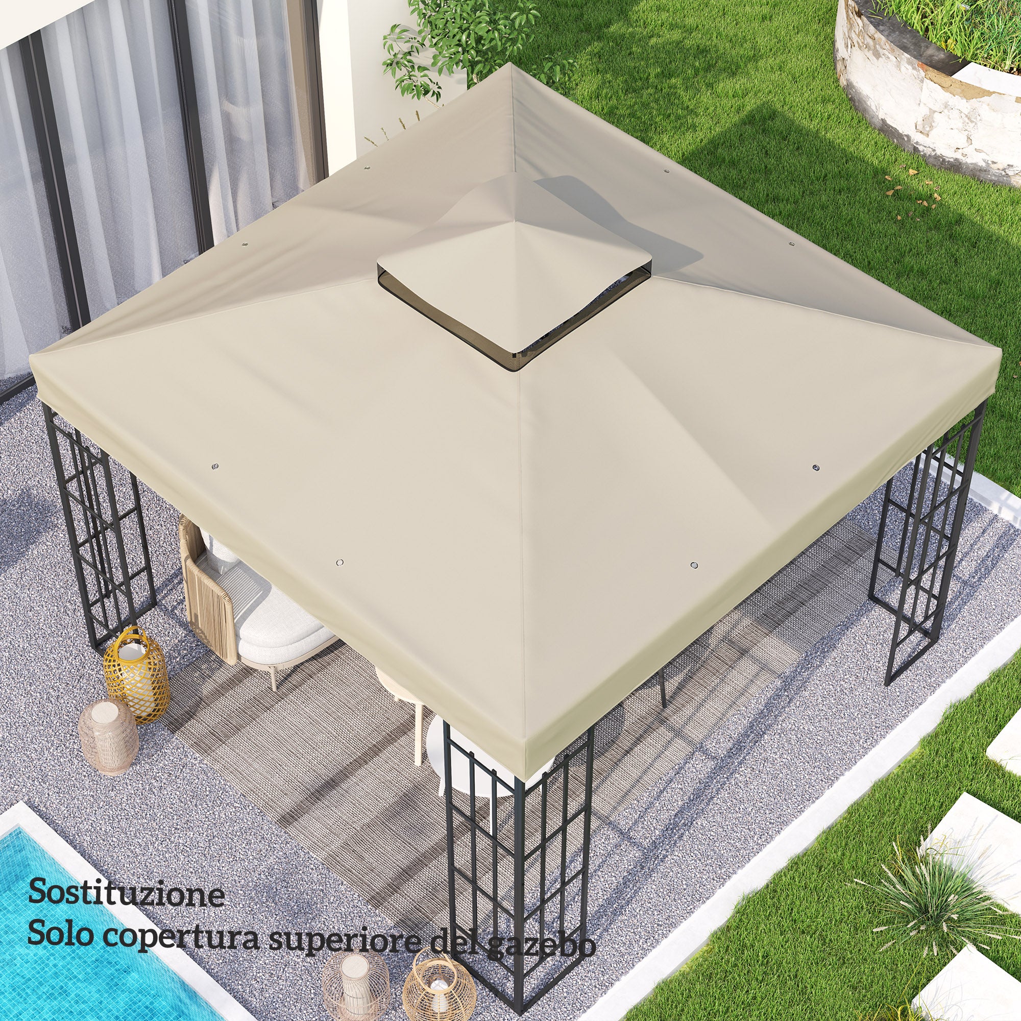Garden Gazebo Cover 3x3m, 2-Tier UPF30+ Replacement Roof in Polyester, Cream