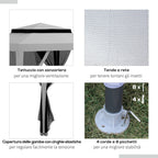 Outsunny 3x3 m Garden Gazebo with Mosquito Net, Double Roof and 8 Holes, in Steel and Polyester, Grey