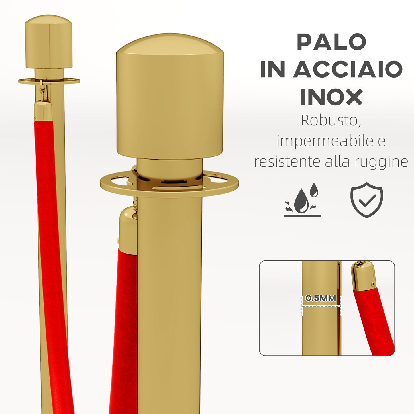 Gold Stainless Steel Path Marker with 1.5 m Red Velvet Rope and Fillable Base, Ø32x96 cm