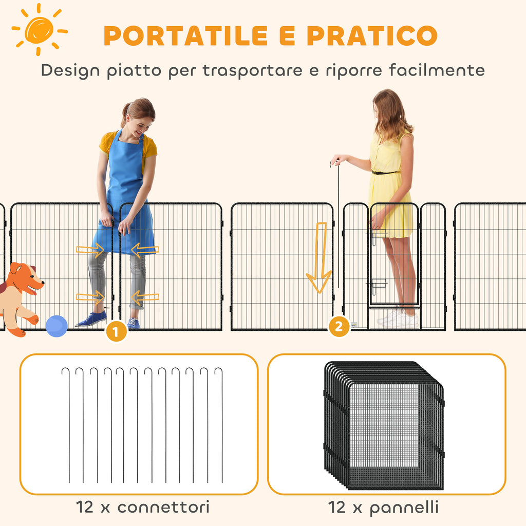 PawHut 12-Panel Modular Dog Playpen, 80x100 cm, Foldable, with Steel Door and 12 Pegs, Grey