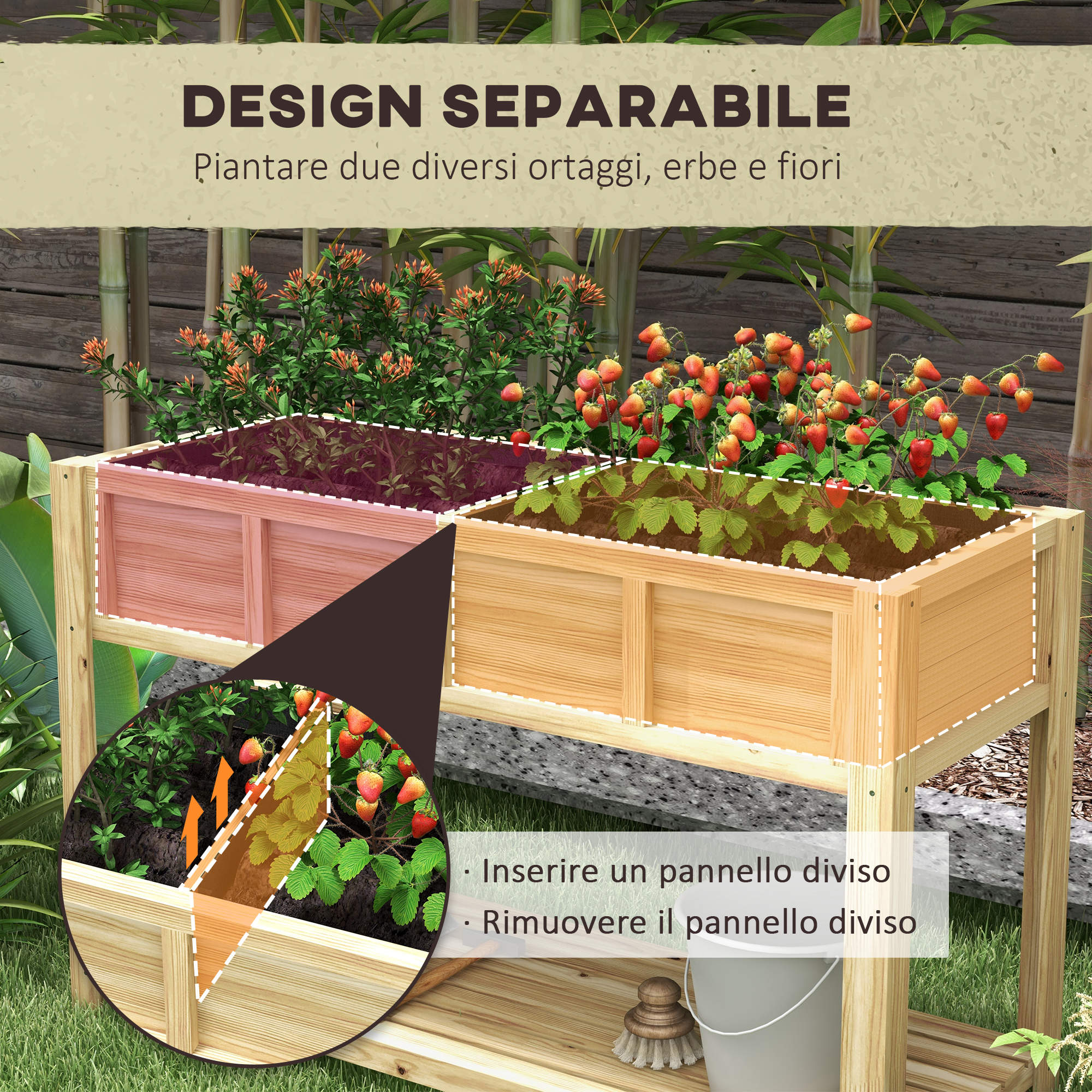 Outsunny Raised Wooden Planter with Bottom Shelf, Divider, Drainage Holes, 115x46x75 cm, Wood Color