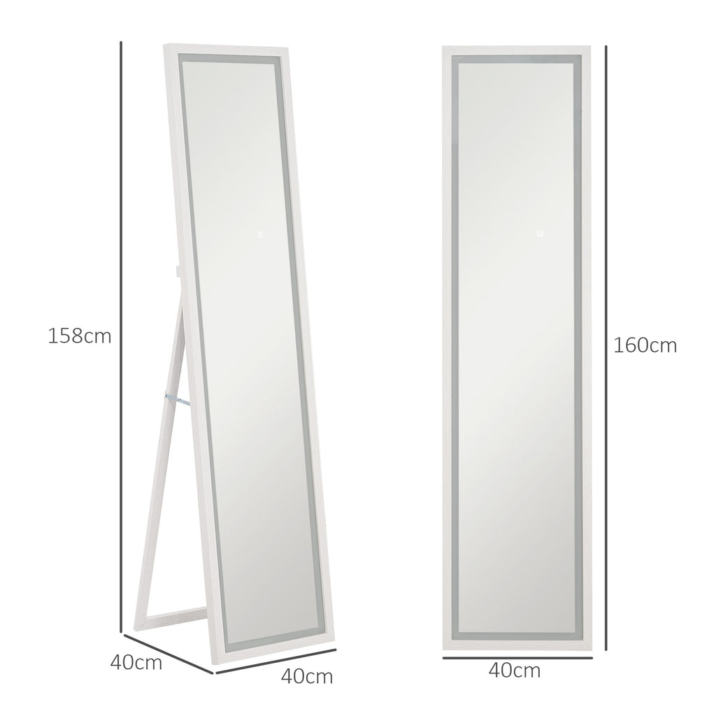 Illuminated Mirror with Adjustable LED Lights and Touch Button, Glass and MDF, 40x5x160 cm, White