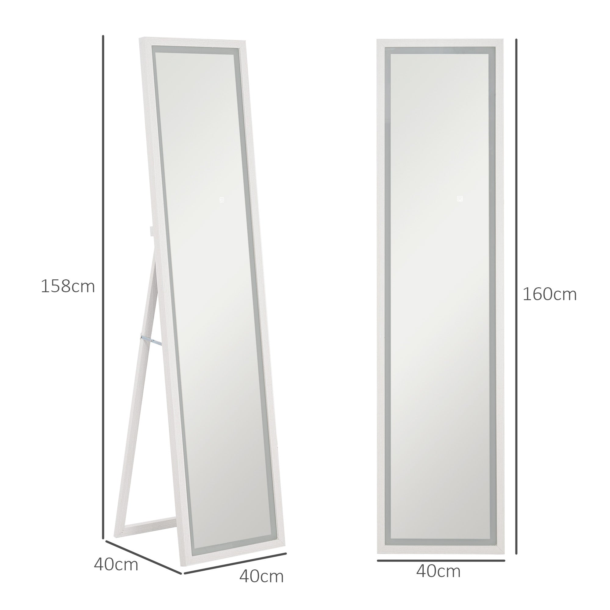 Illuminated Mirror with Adjustable LED Lights and Touch Button, Glass and MDF, 40x5x160 cm, White