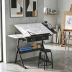 Adjustable Drafting Table, Writing Desk and Stool for Drawing and Working, White