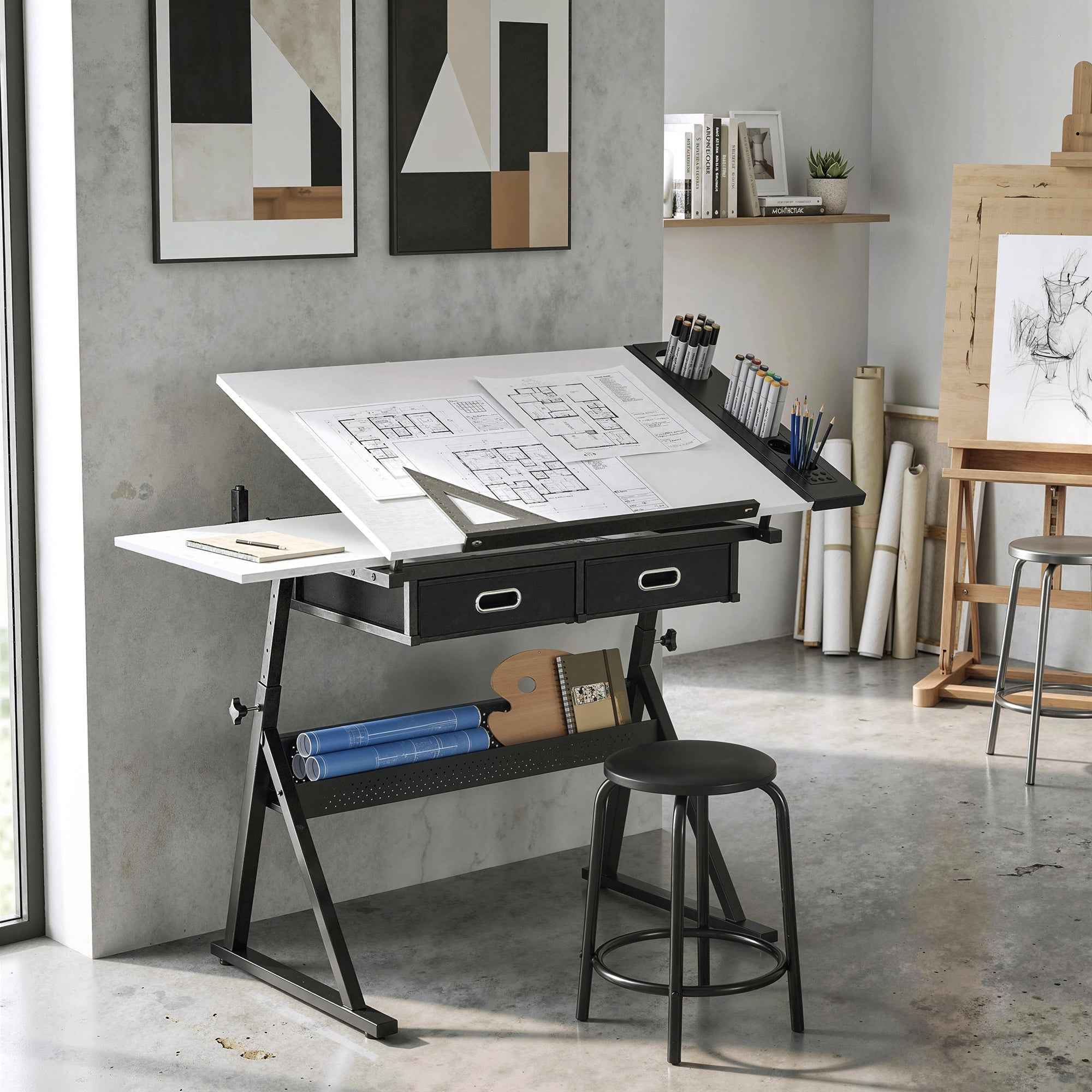Adjustable Drafting Table, Writing Desk and Stool for Drawing and Working, White
