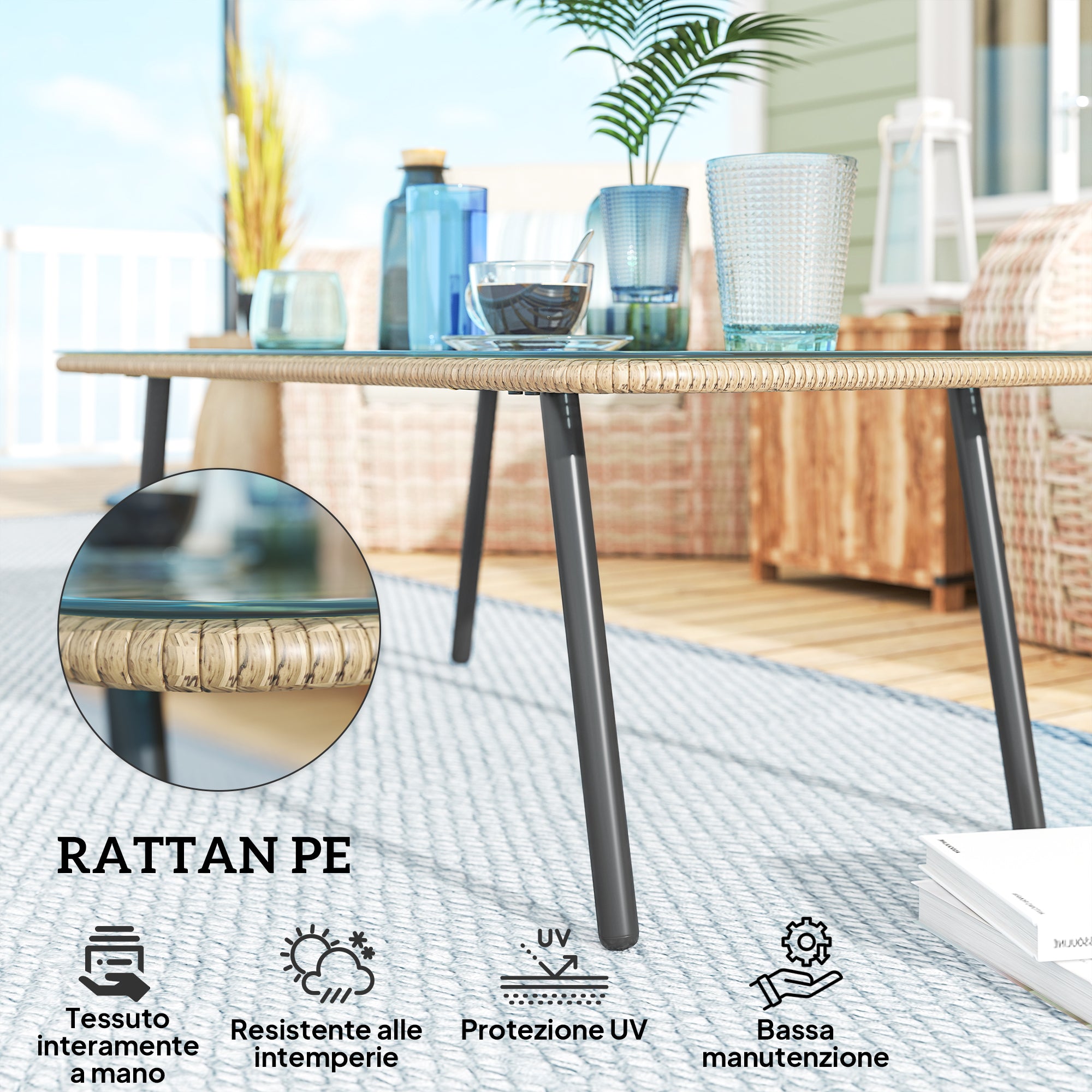 PE Rattan Garden Table with Glass and Steel Top, 110x60x40 cm, Natural Wood