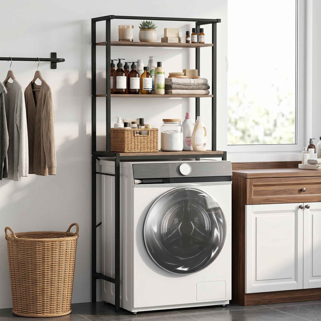 HOMCOM 3-Tier Washing Machine Cabinet with Hanging Rail, Wood and Steel, 67x40x161.8 cm, Brown and Black