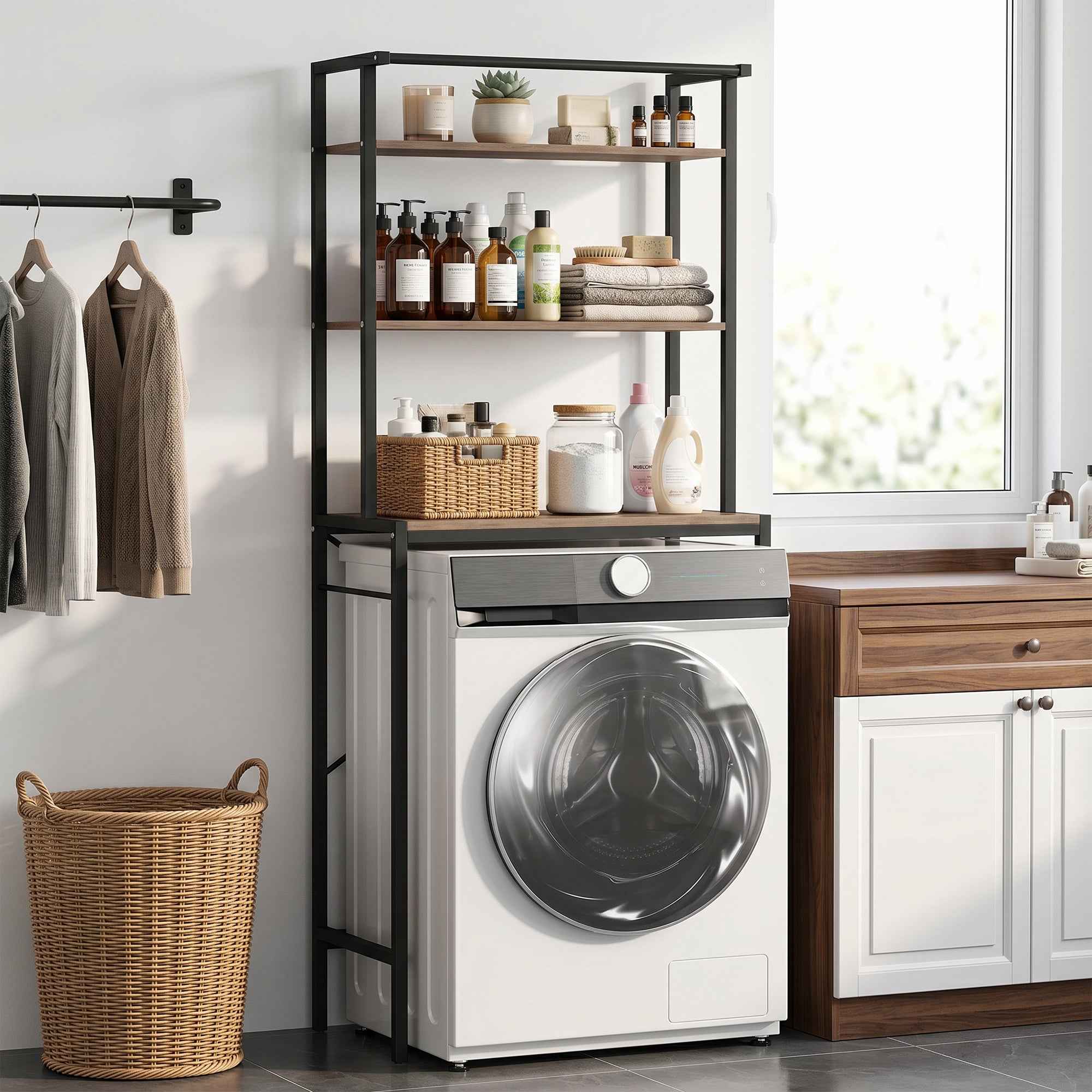 HOMCOM 3-Tier Washing Machine Cabinet with Hanging Rail, Wood and Steel, 67x40x161.8 cm, Brown and Black