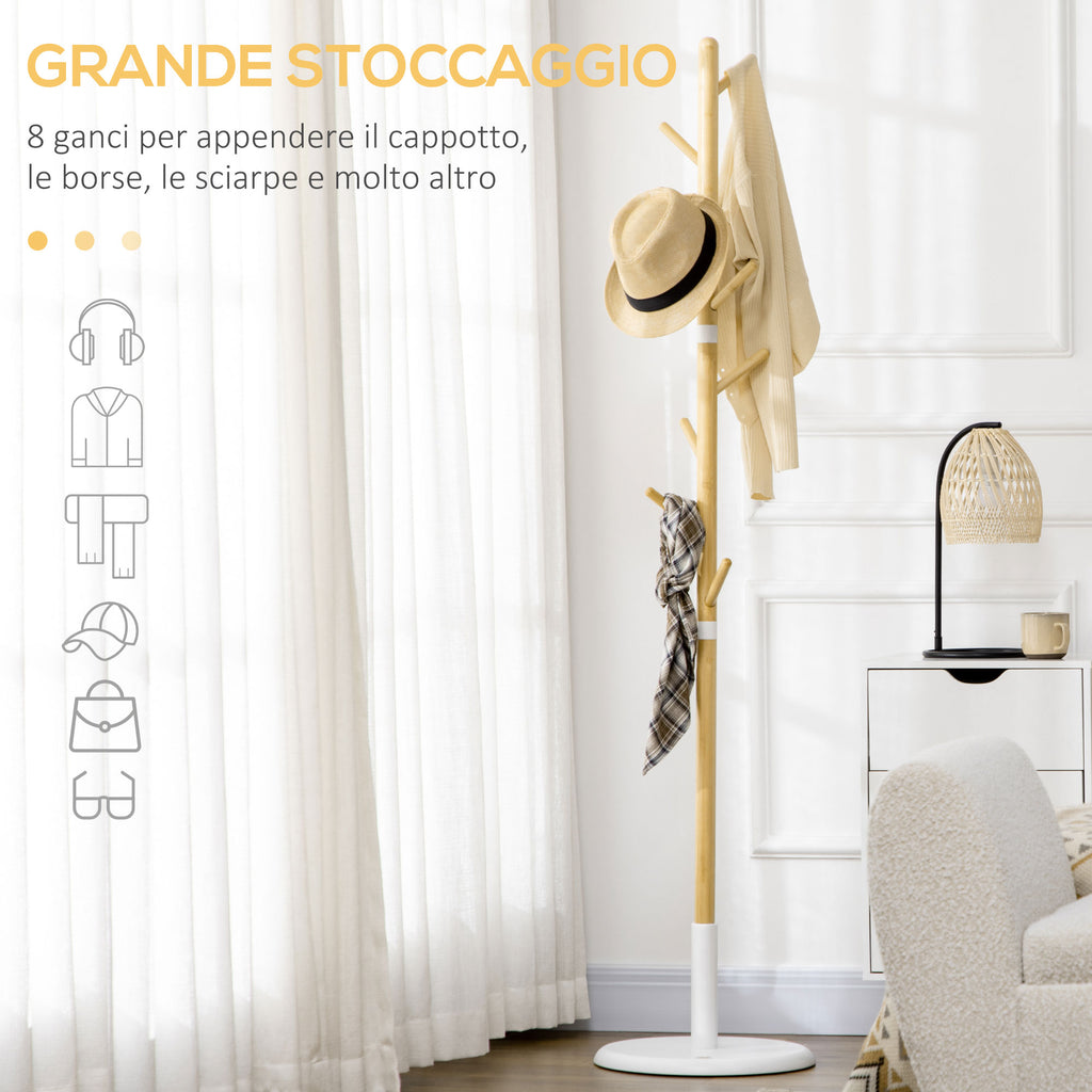 8 Hook Coat Tree with Round Base in Bamboo, Wood and Metal, Ø37.8x175.6 cm, Wood and White